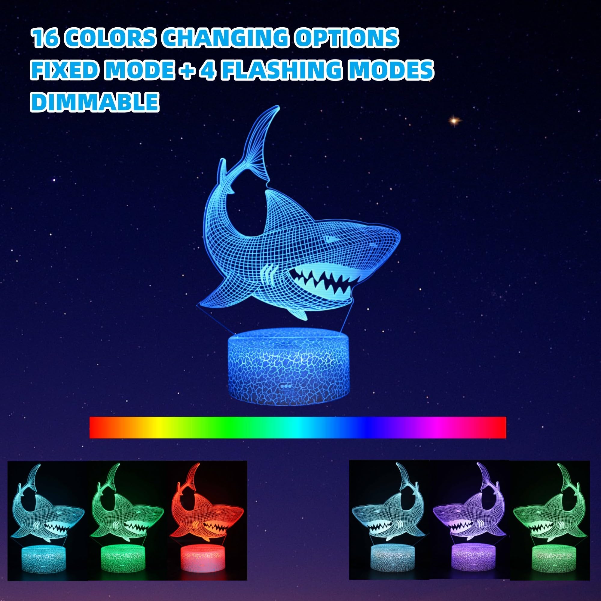 Kenmaca Sharks Night Light For Kids Boy Girl Bedroom, 3D Illusion Lamp 3 Patterns 16 Colors Changing Dimmable Room Decor, Touch