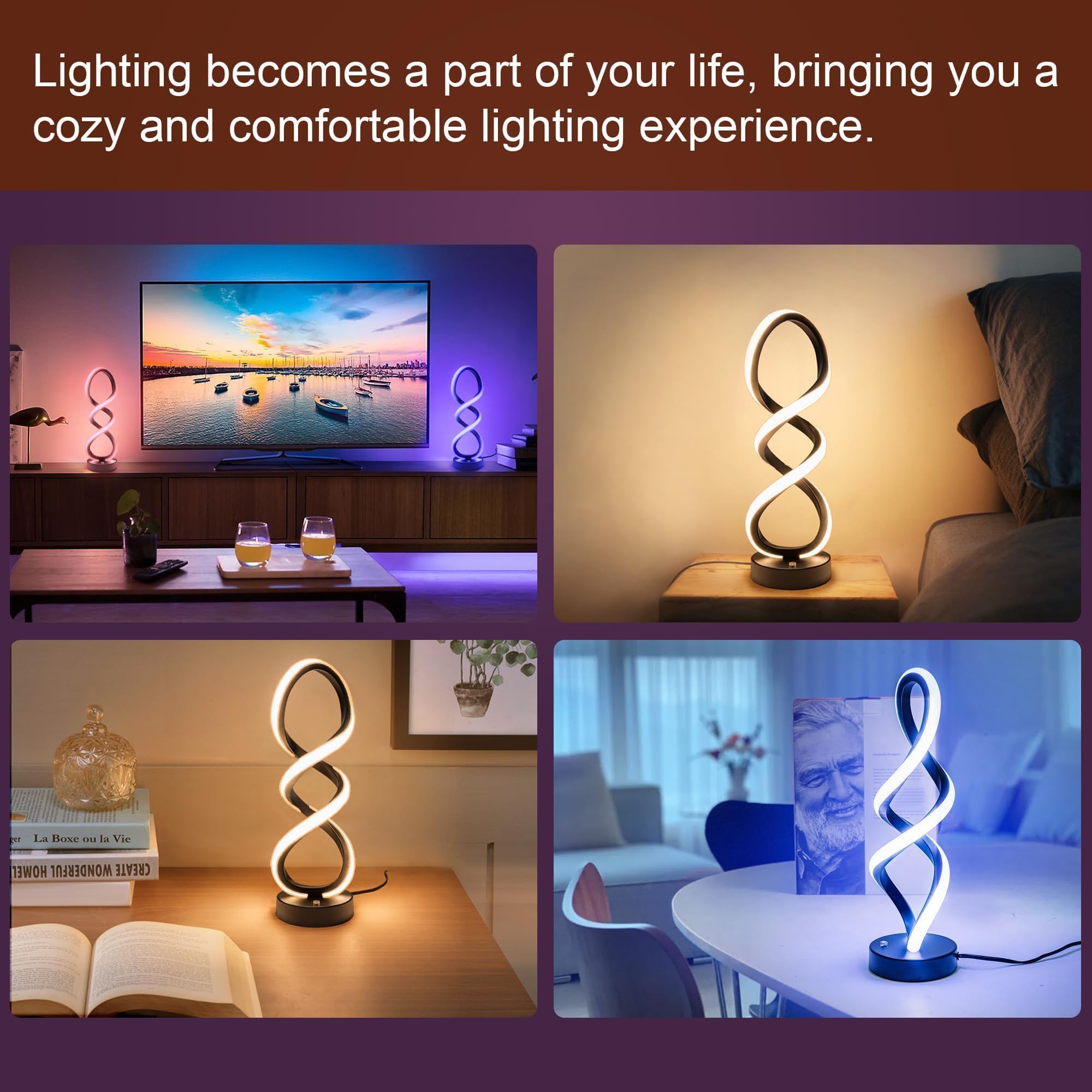 Adebime Modern Touch Dimmable Table Lamp - 7 Colors, 10 Modes, Black Spiral Design, 15.7&quot;
