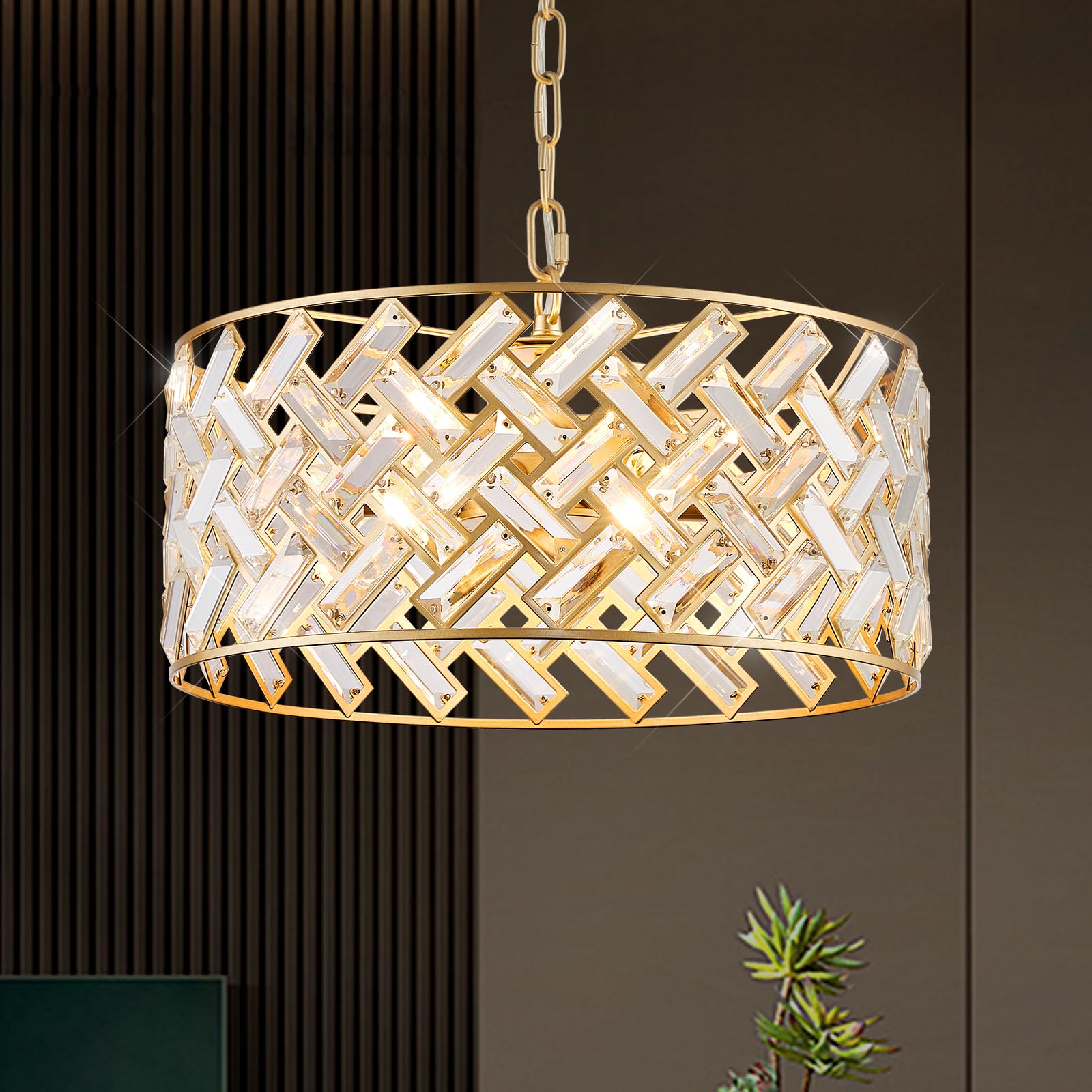 Gold Crystal Chandelier  18 Modern Drum Ceiling Light Fixture  Elegant 6-Light K9 Crystal Pendant Lighting  Convertible Semi Flush Mount Hanging Light for Dining Room  Living Room  Bedroom  Kitchen