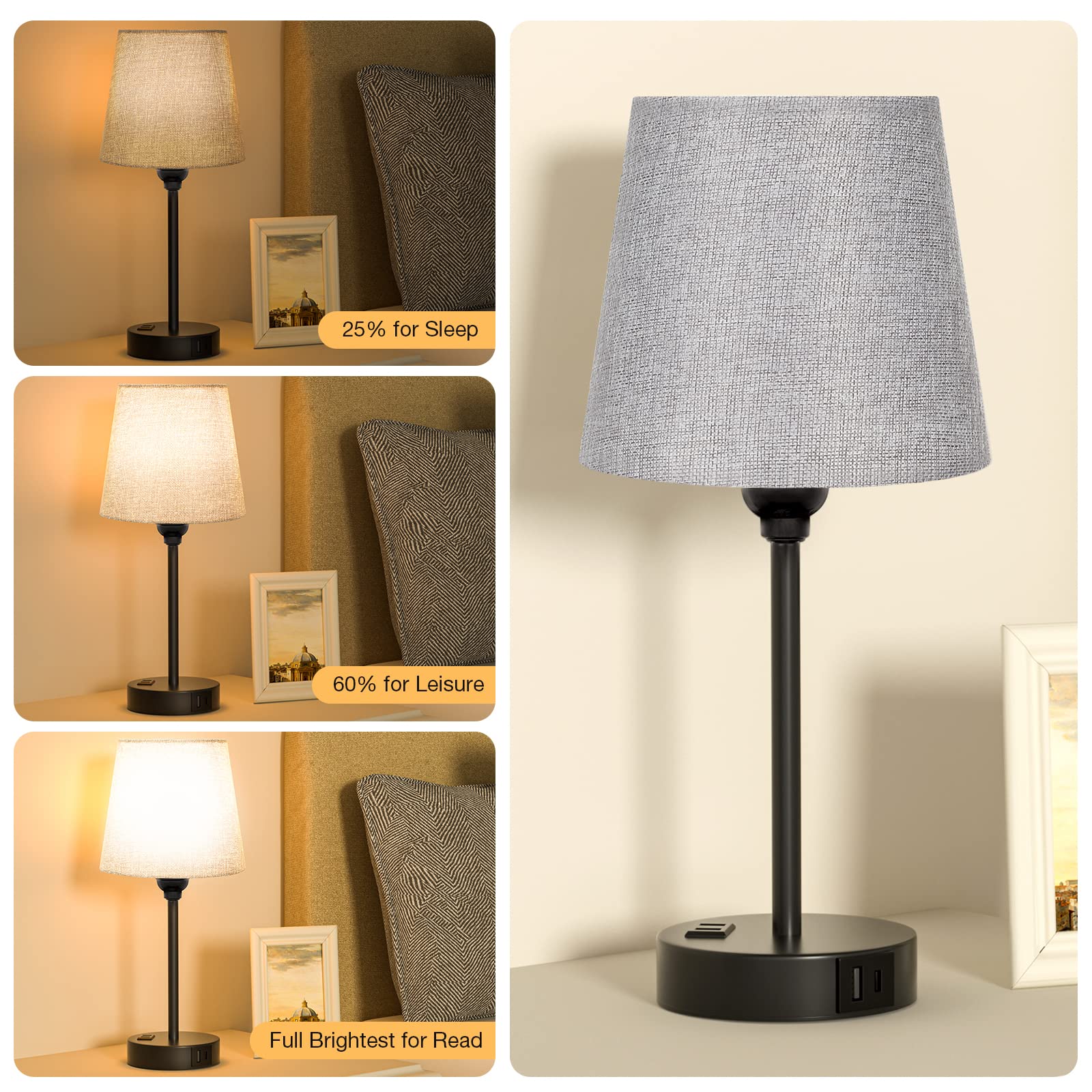 Grey Bedside Lamps For Bedrooms Set Of 2 - Nightstand Bedroom Lamp With Usb C Port And Ac Outlet Charging, 3 Way Dimmable Touch