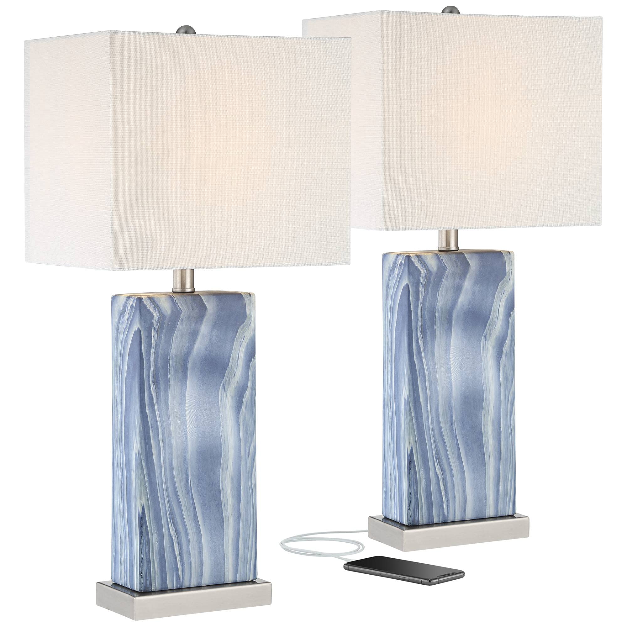 360 Lighting Connie Modern Table Lamps 25'' Tall Set Of 2 With Usb Charging Ports Blue Faux Marble White Rectangular Shade For B
