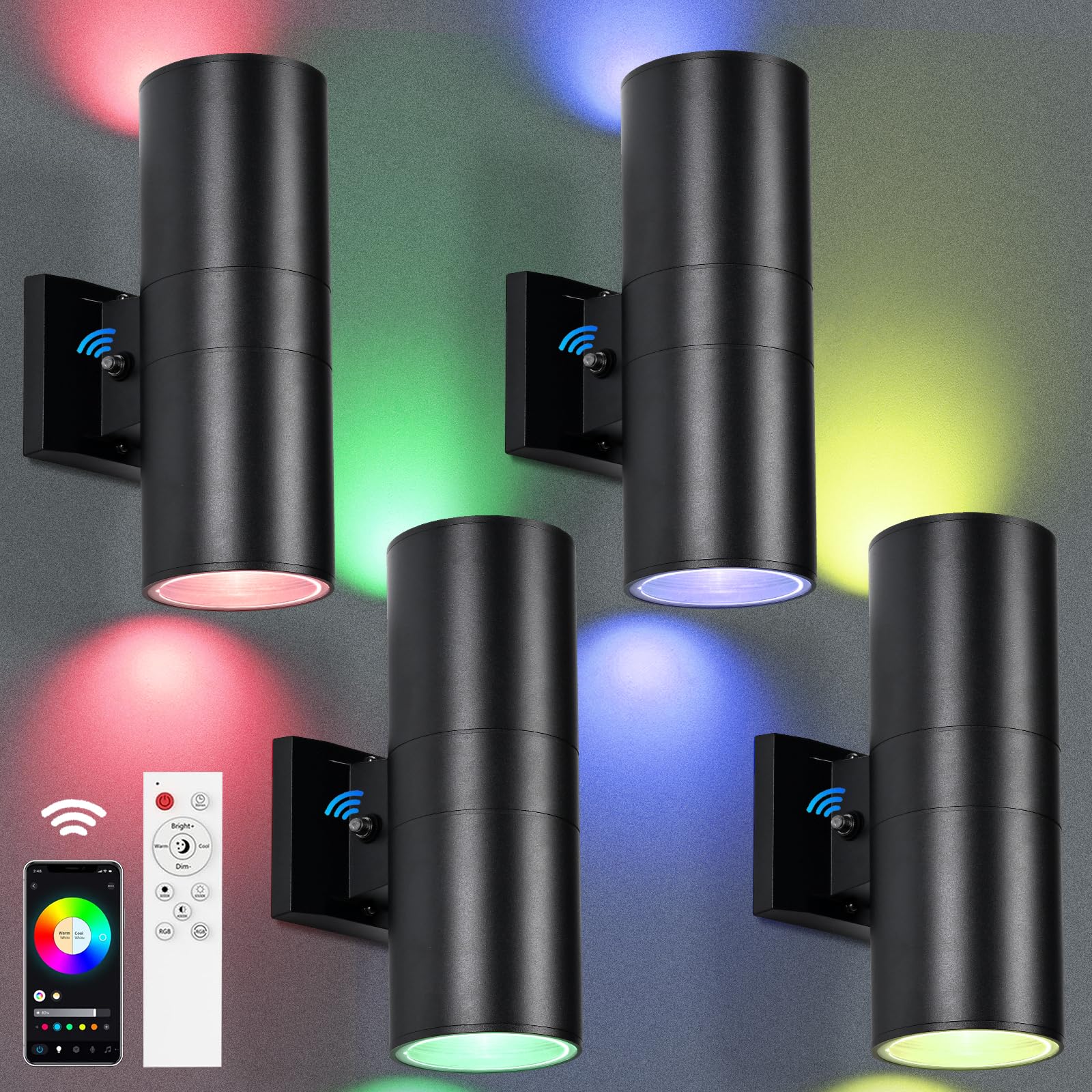 futxnziey RGBCW Outdoor Wall Light 4 Pack  Smart Porch Light Dusk to Dawn Lighting with Remote Control  WiFi Outdoor Wall Sconce  Compatible with Alexa  Exterior Lights for House Porch Garage