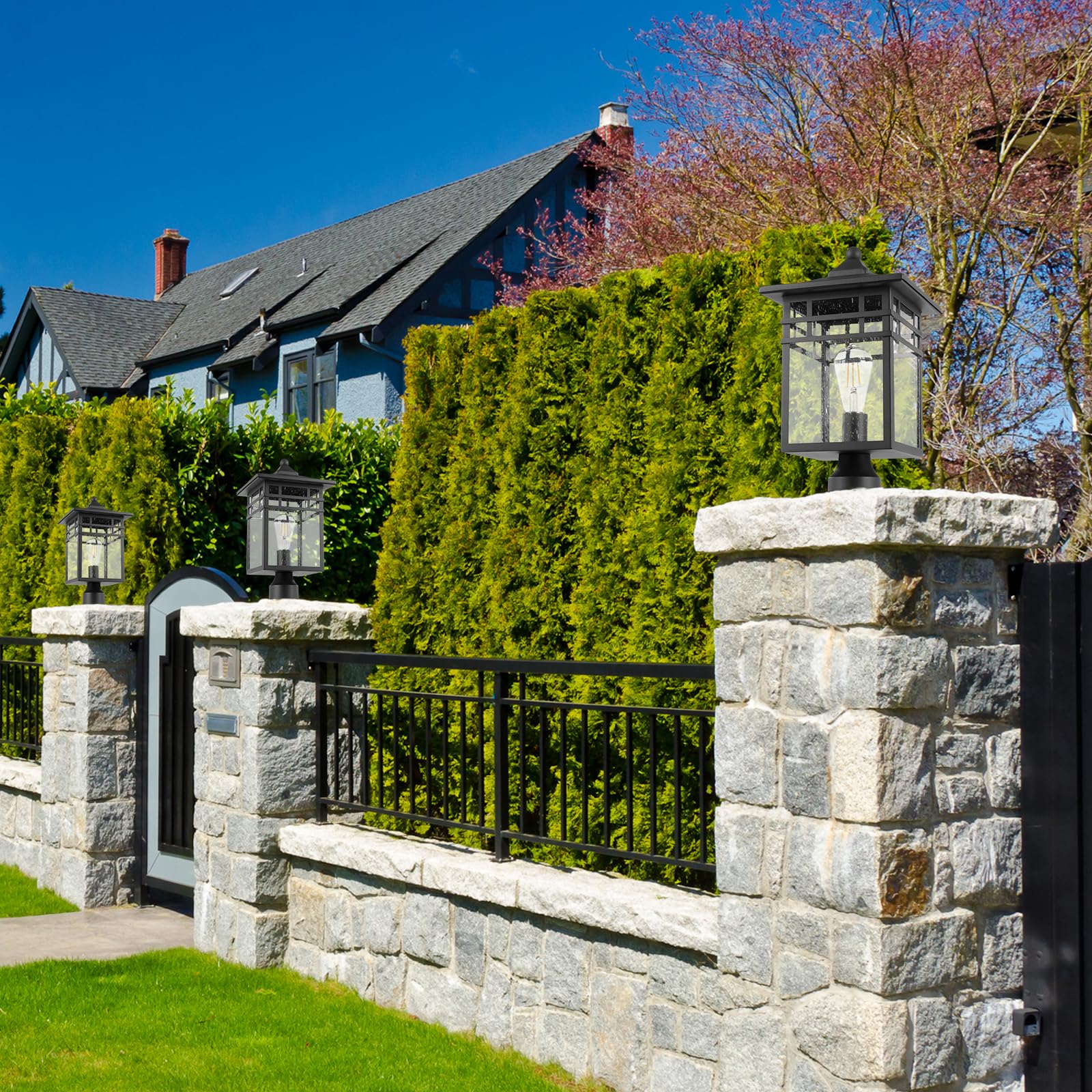 Diyel Outdoor Post Light Fixture, Large Exterior Pillar Lantern With Black Finish & Seeded Glass, 9 Inch Square Pier Mount Lamp For Garden, Backyard, Courtyard, Patio, Deck, Pathway, Walkway