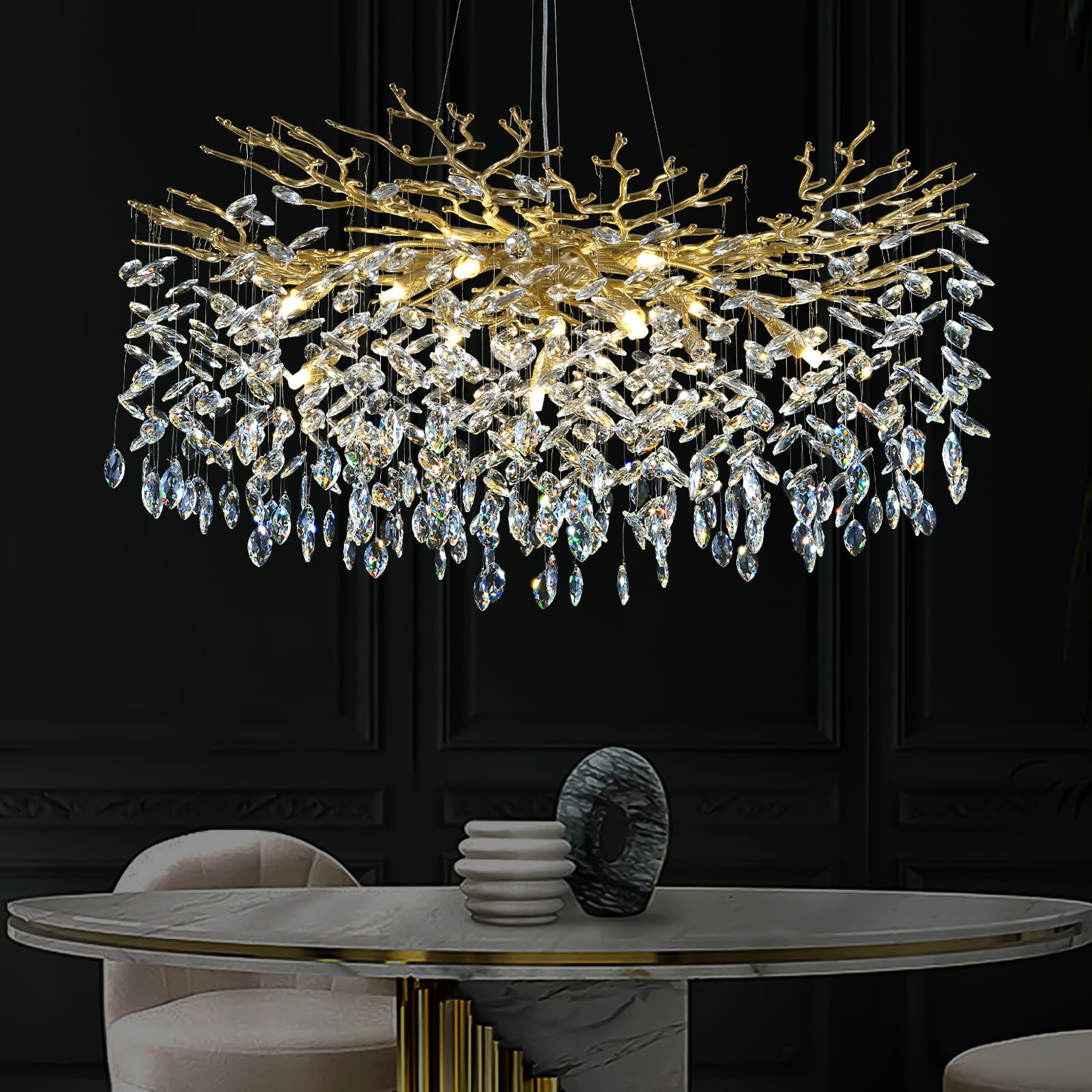 kvtinmty Modern Crystal Chandeliers for Dining Room Over Table, 40'' Round Gold Tree Branche Chandelier, Large Crystal Chandelie
