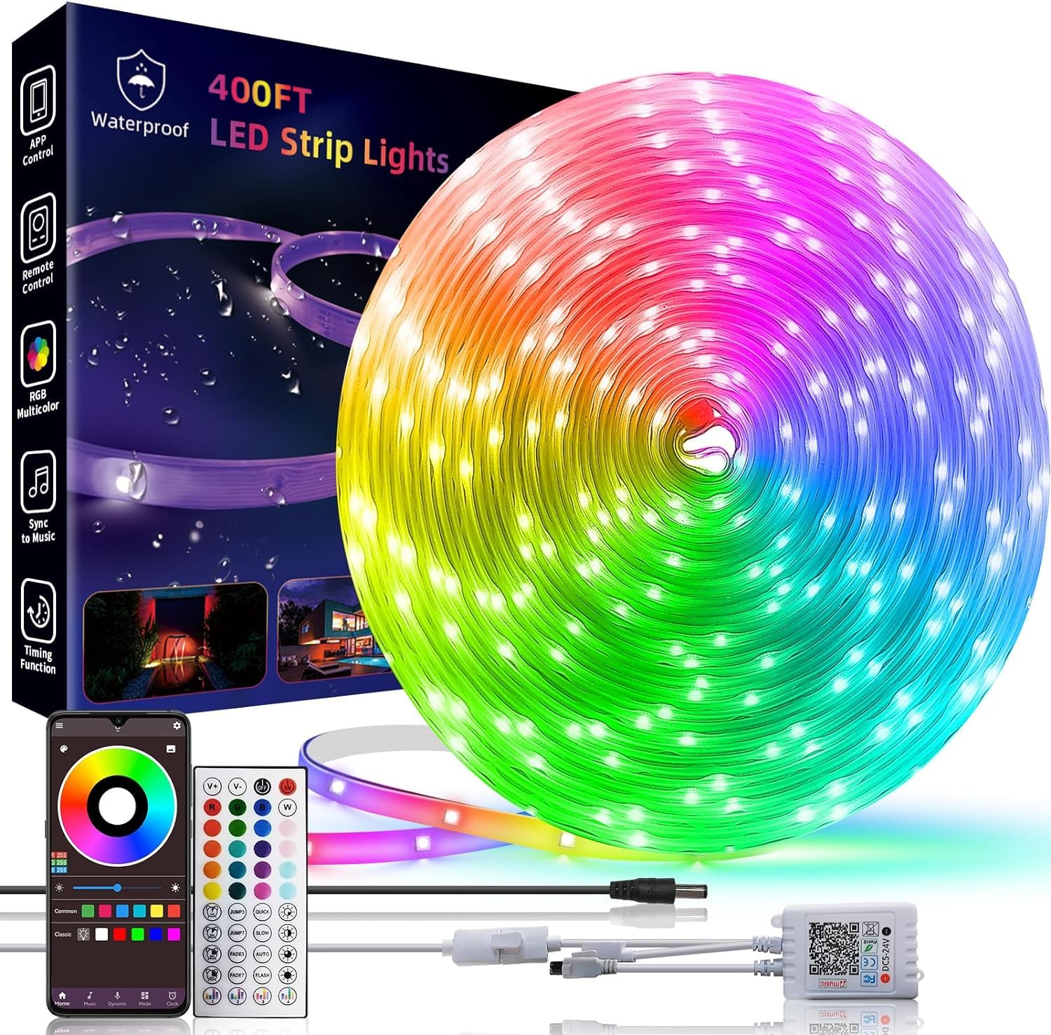 HBOWMDJIA 400ft Waterproof LED Strip Lights, RGB Music Sync, Remote & App Control, IP65, 2 Rolls of 200ft, Multicolor