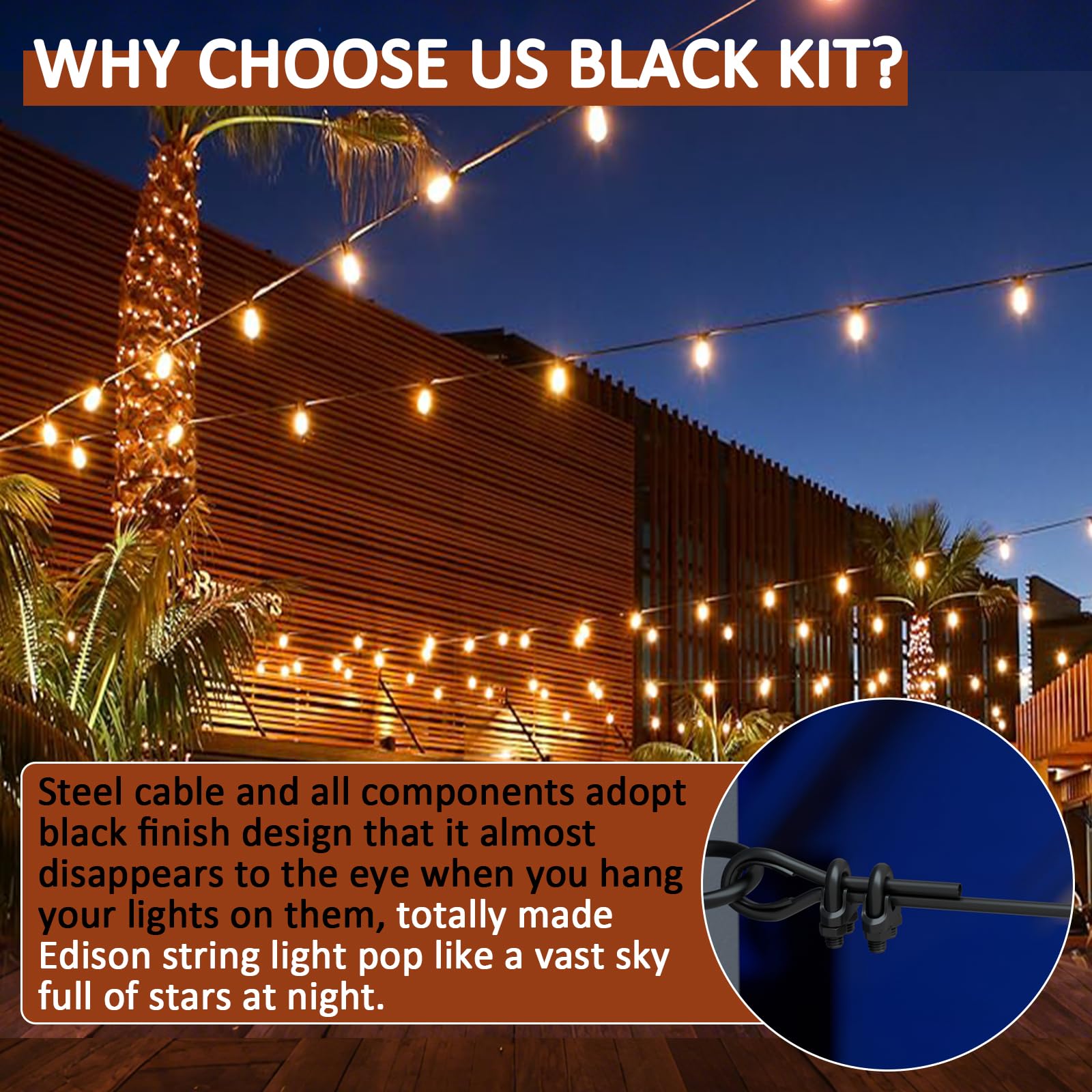 hannger String Light Hanging Kit - 100FT Black Globe Suspension Kit, PVC Coated Steel Cable, for Outdoor Patio Camping Use