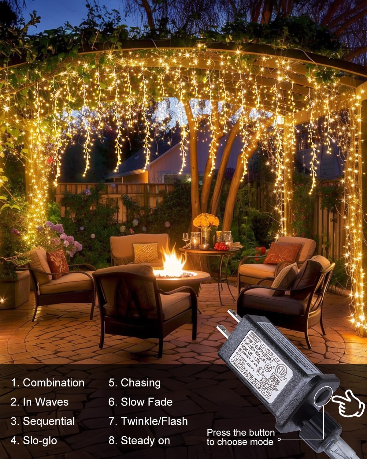 Minetom Cluster Icicle Lights Outdoor, 9Ft 400 Led Icicle Lights With 15 Drop,8 Mode Icicle String Lights, Waterproof Firecracker Christmas Lights Outdoor House Decoration, Warm White