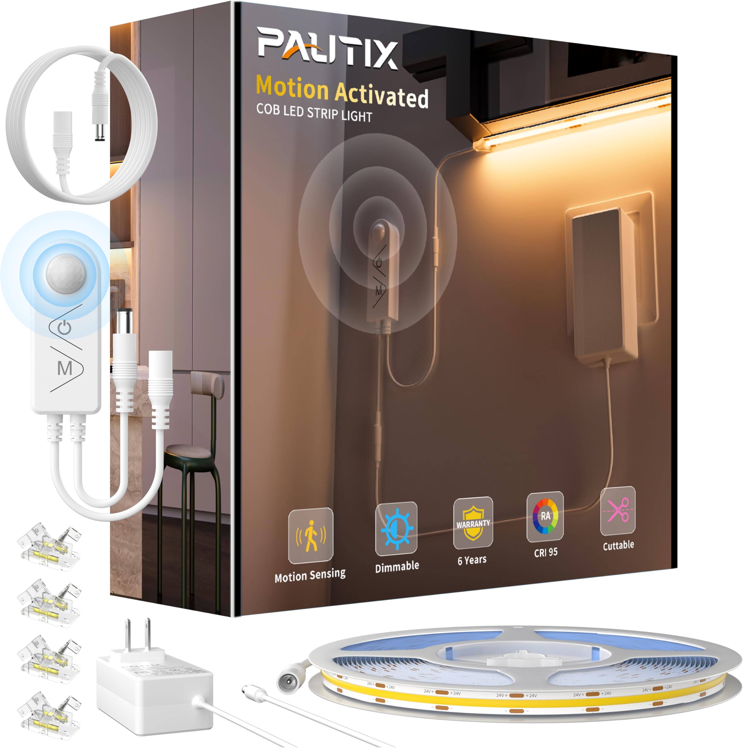 Pautix Motion Sensor Strip Lights 24V Cob Led Strip Light Motion Activated Led Strip Light 2700K Warm White 20Ft Dimmable Super Bright With Dual Lighting Mode For Under Cabinet Kitchen Stairs Bedroom