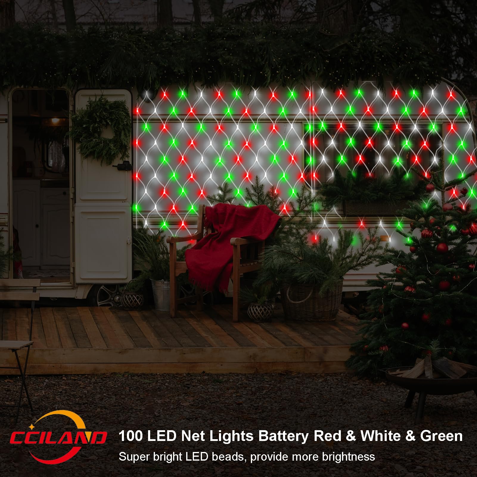 echosari Battery Operated Net Lights, 100 LED, 4.9ft x 4.9ft, Red White & Green, 8 Modes, Remote Timer, Dimmable,