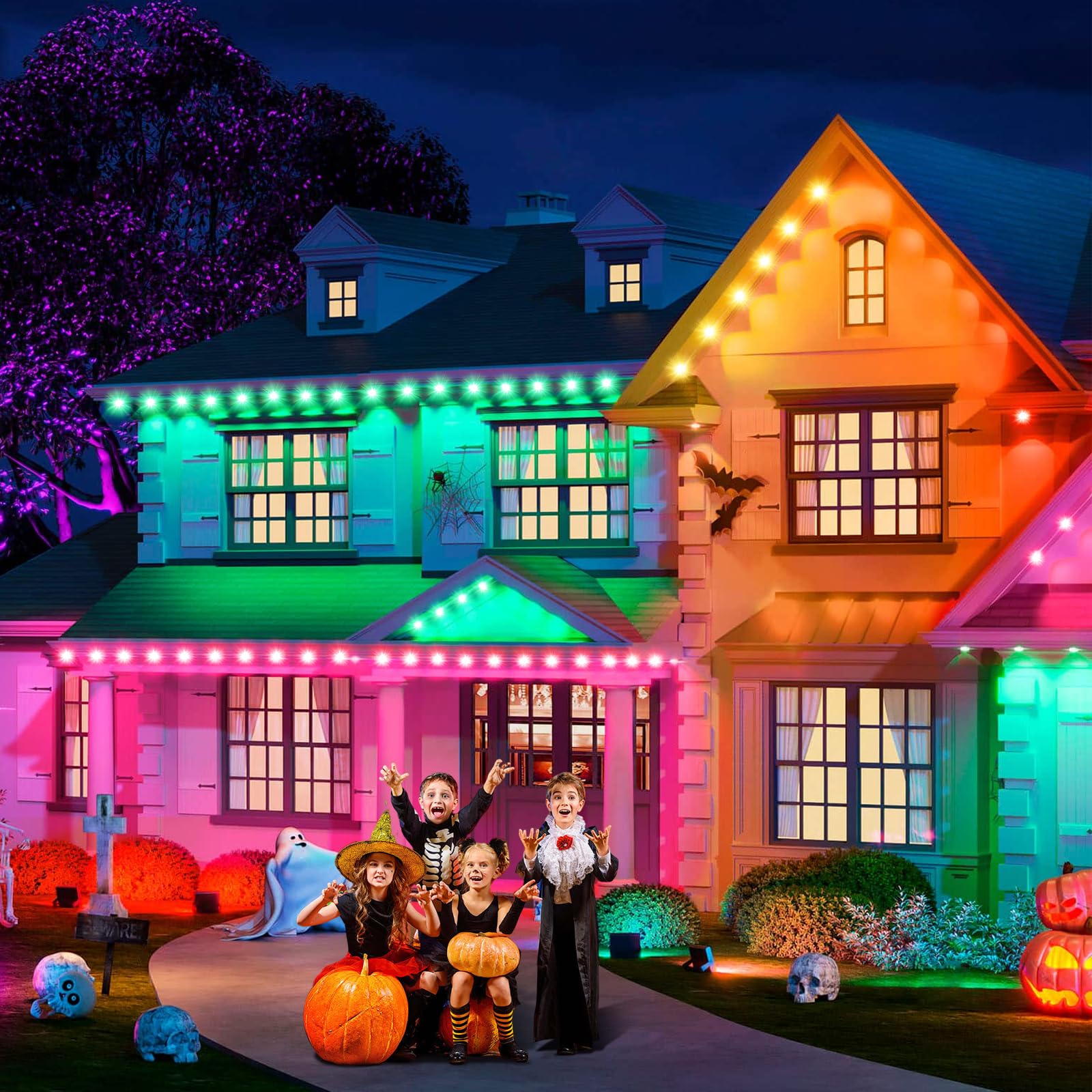 Geodurn 150 FT LED String Lights, Waterproof 2-in-1 Eaves & Ground Stakes, Smart Color-Changing, Black, Model DCD-45M