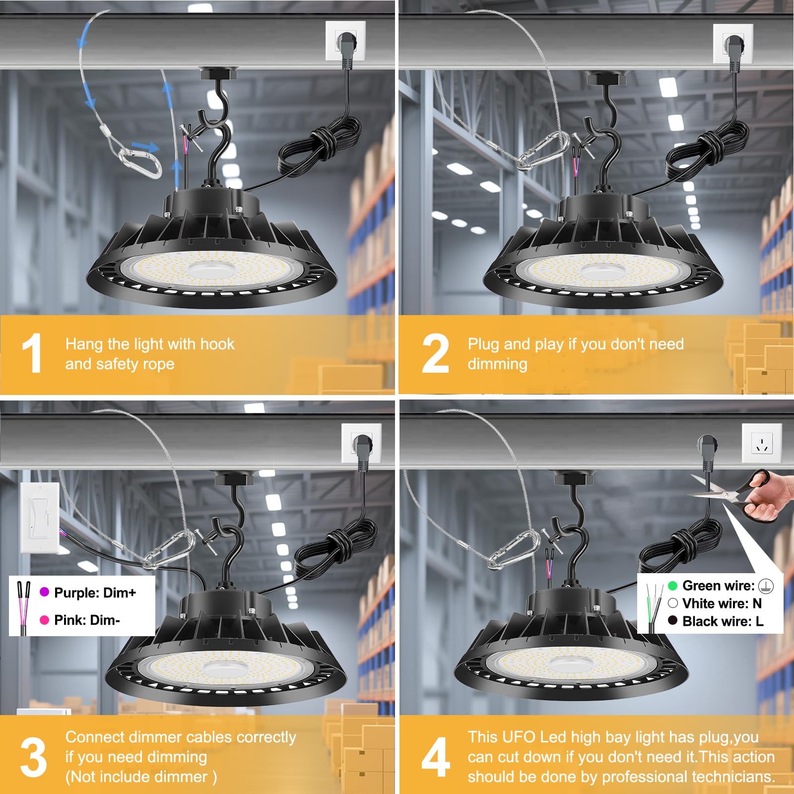 300W UFO LED High Bay Light 300W 5000K High Bay LED Shop Lights 45000LM 0-10V Dimmable 600W HID/HPS Replacement with 5 US Plug