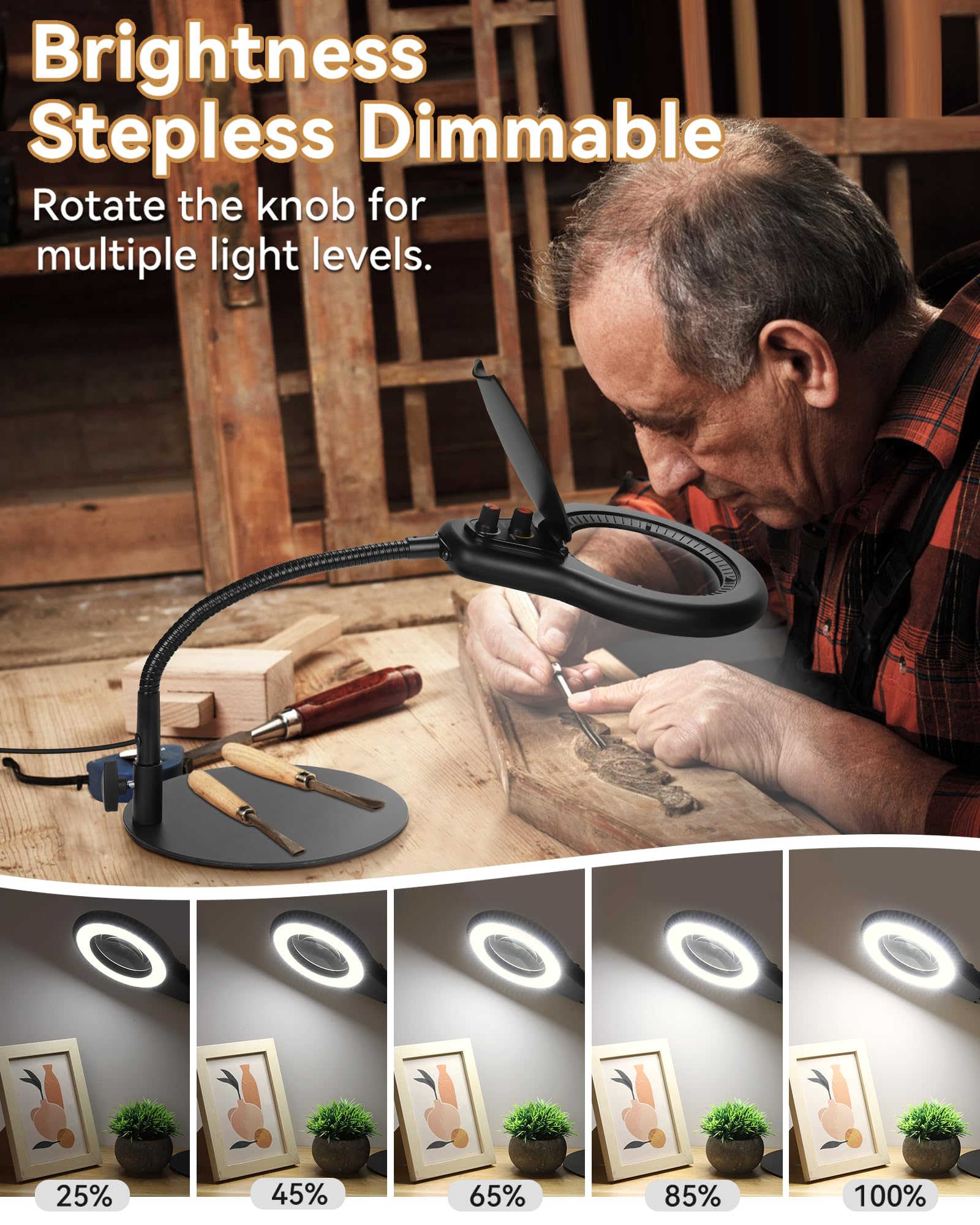 Jeedefi 10X Magnifying Glass With Light And Stand, Flexible Gooseneck Led Lighted Desk Lamp, 2200 Lumens Multiple Color Modes St