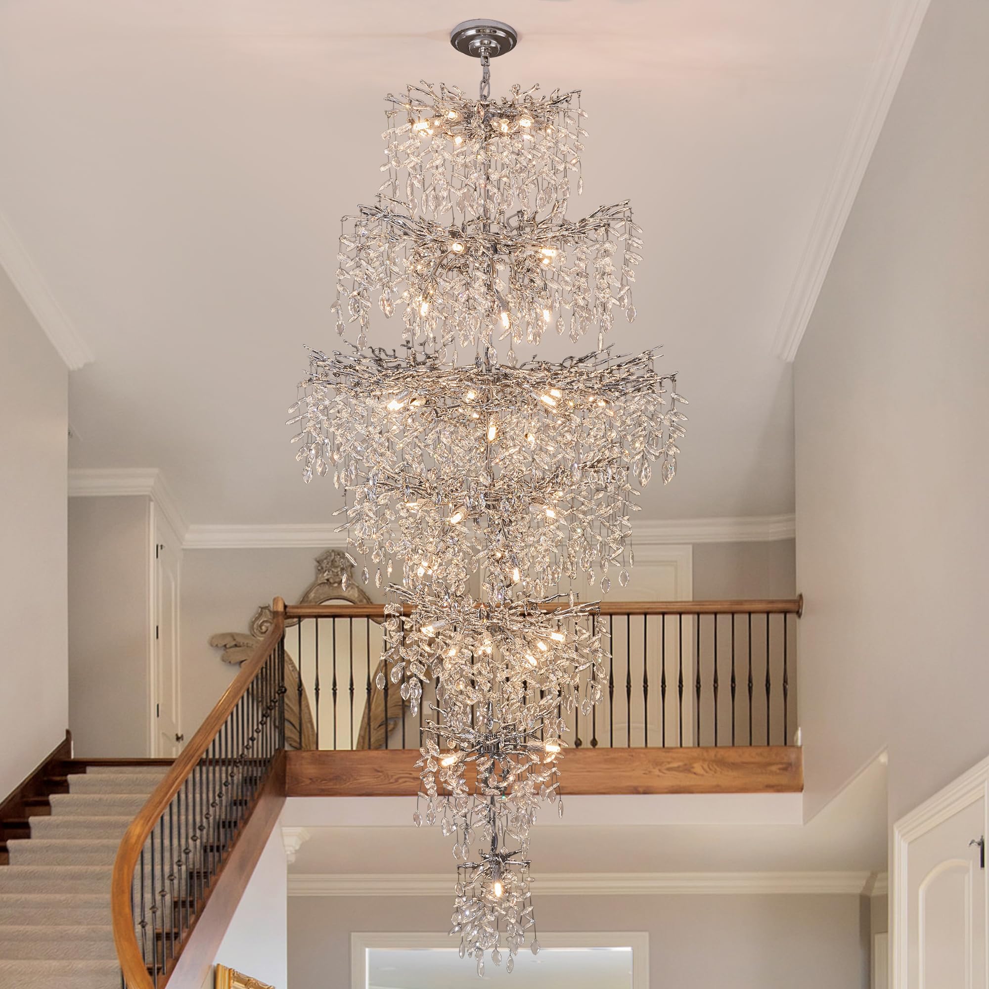 Modern Staircase K9 Chandeliers, Luxury Silver Long 7-Tier Large Foyer Entrance Chandeliers For High Ceiling Big Crystal Chandel