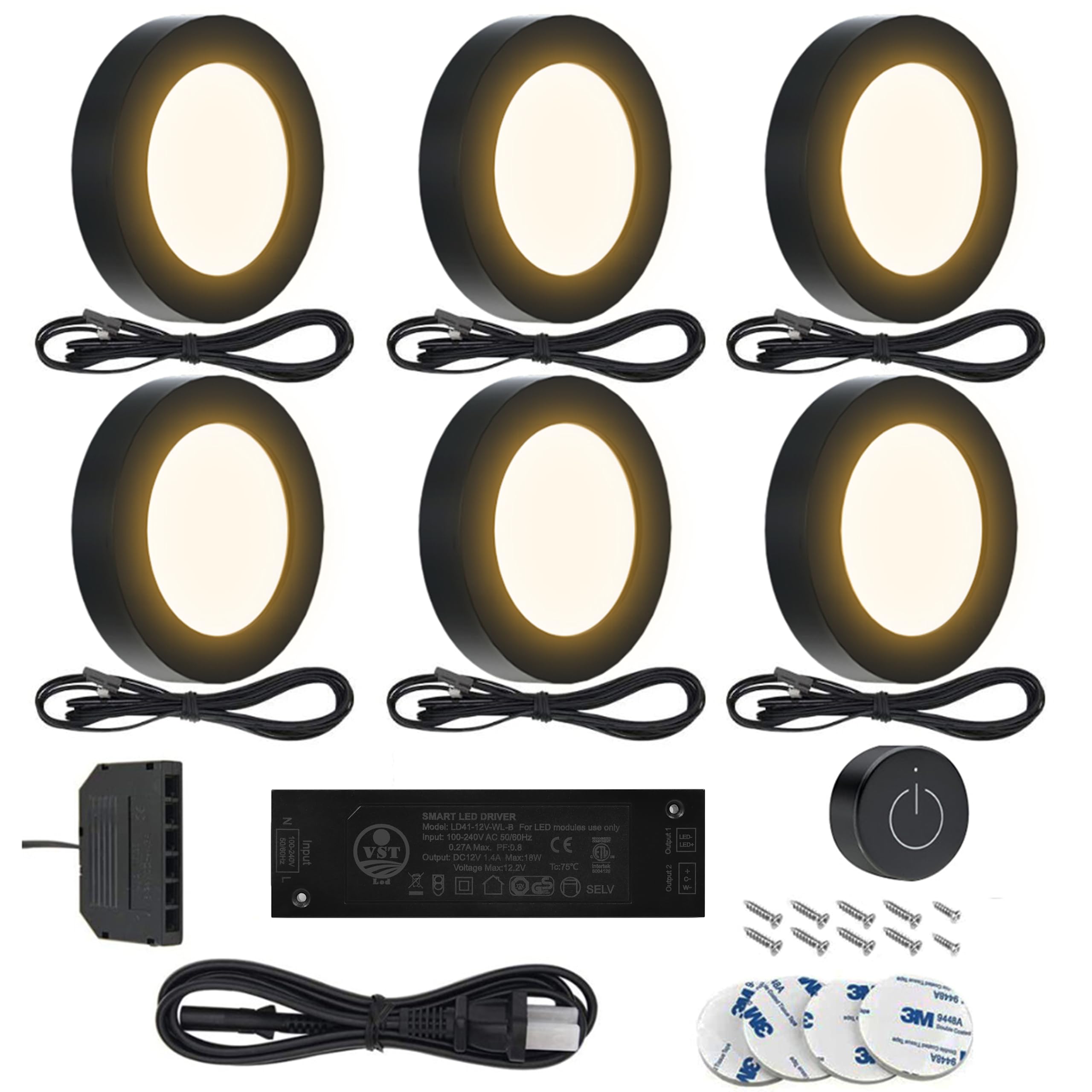 VST Under Cabinet Lighting 12V 2W (12W Total, 60W Equivalent), Wireless Dimmer Switch, Recessed or Surface Mount Wiried Puck Light for Kitchen, Wardrobe (6 Pack Black 3000K)