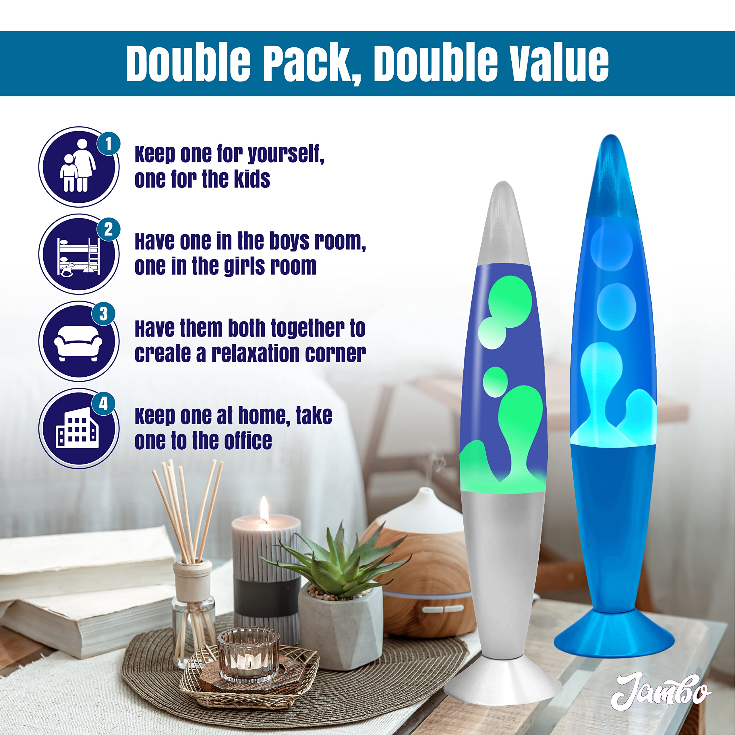 Jambo 16&quot; Inch Beautiful Liquid Motion Lamp With Wax | Entertaining For Adults, Teens And Kids (Silver Base, Blue Liquid, Yellow Wax & Blue Base, Blue Liquid, White Wax Double Pack)