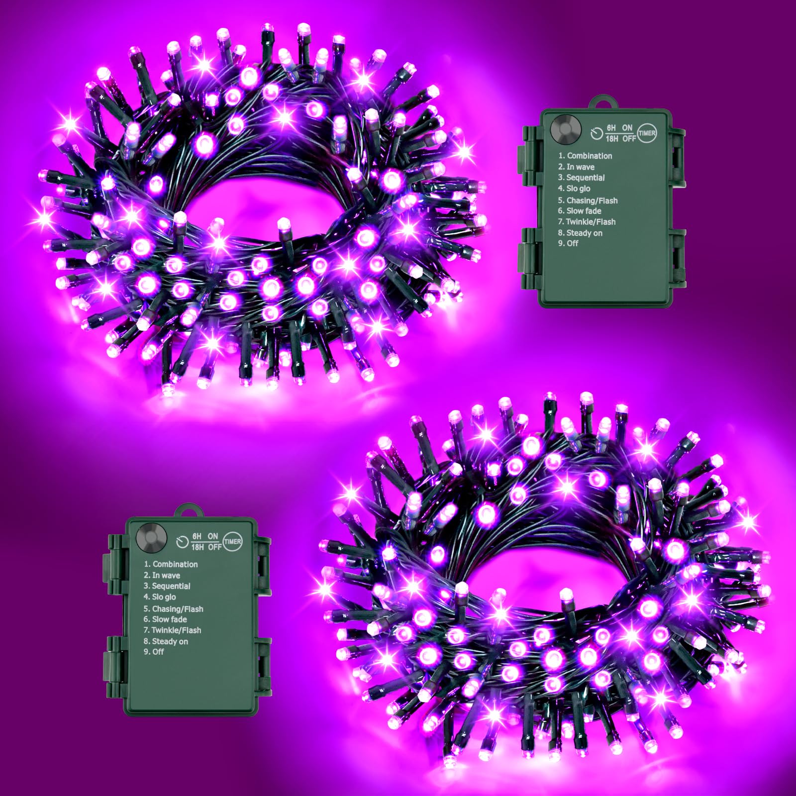 FFZZKJ Purple Lights Halloween Lights String Total 100LED Battery Operated Outdoor 8 Modes with Timer 16.4Ft*2  50LED*2 Waterproof Indoor for Halloween Decor  Purple  2-Pack