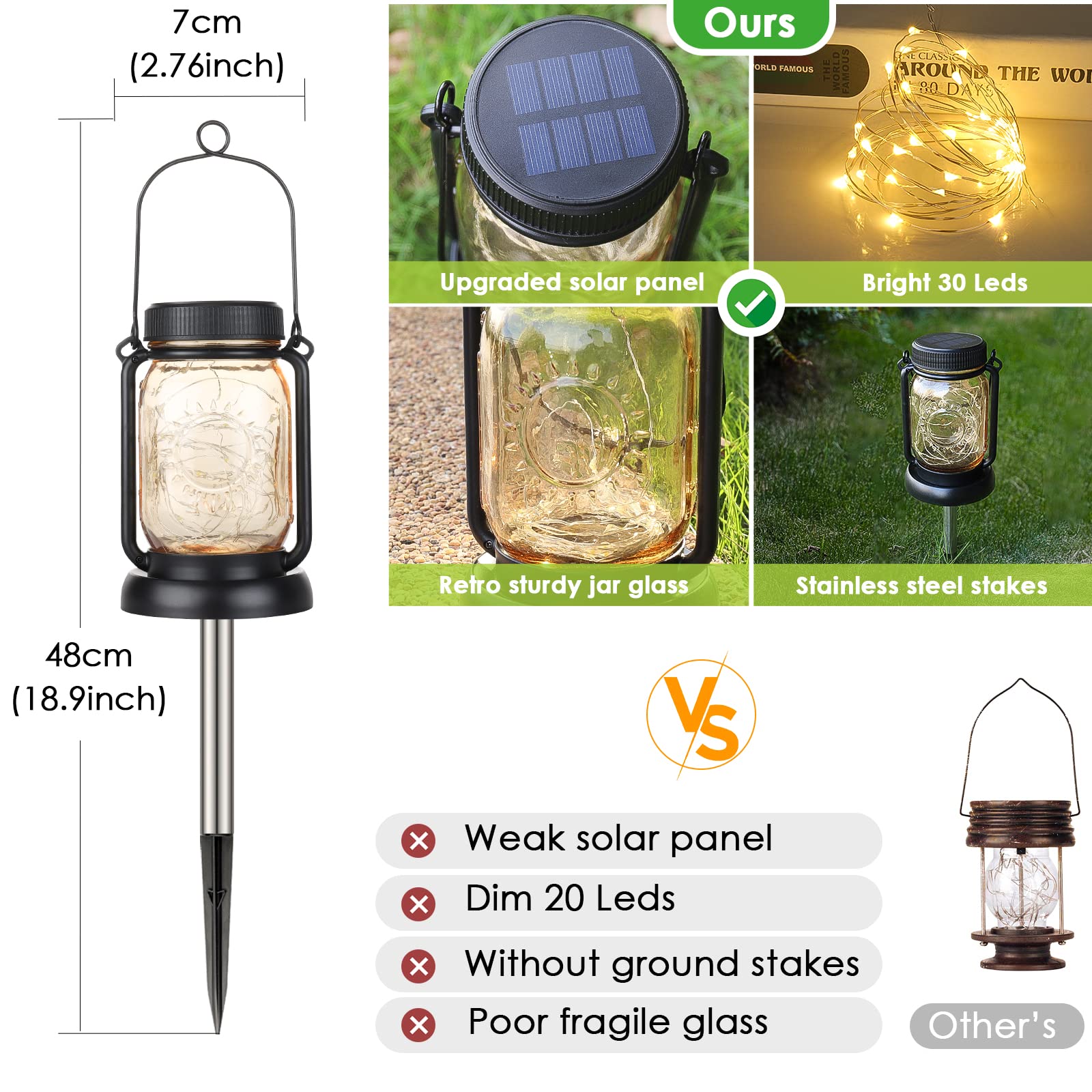 Mlambert 4 Pack Solar Hanging Lantern With Stakes, Outdoor Waterproof Solar Mason Jar Fairy String Lights Decorative Vintage Gla