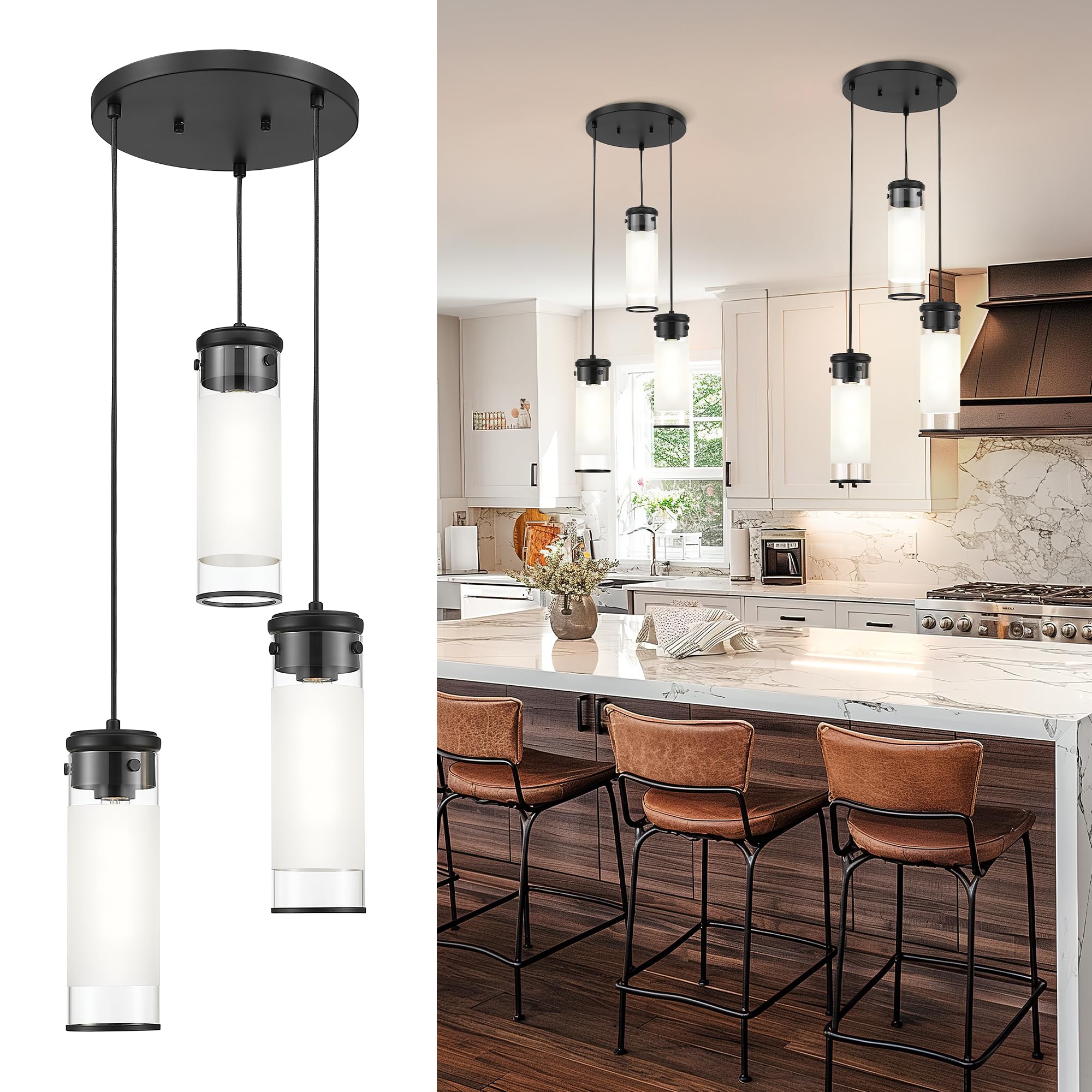 JAZAVA Cluster Pendant Light, Black Hanging Light Fixture, 3-Light Cylindrical Kitchen Island Lighting for Dining Room Living Ro