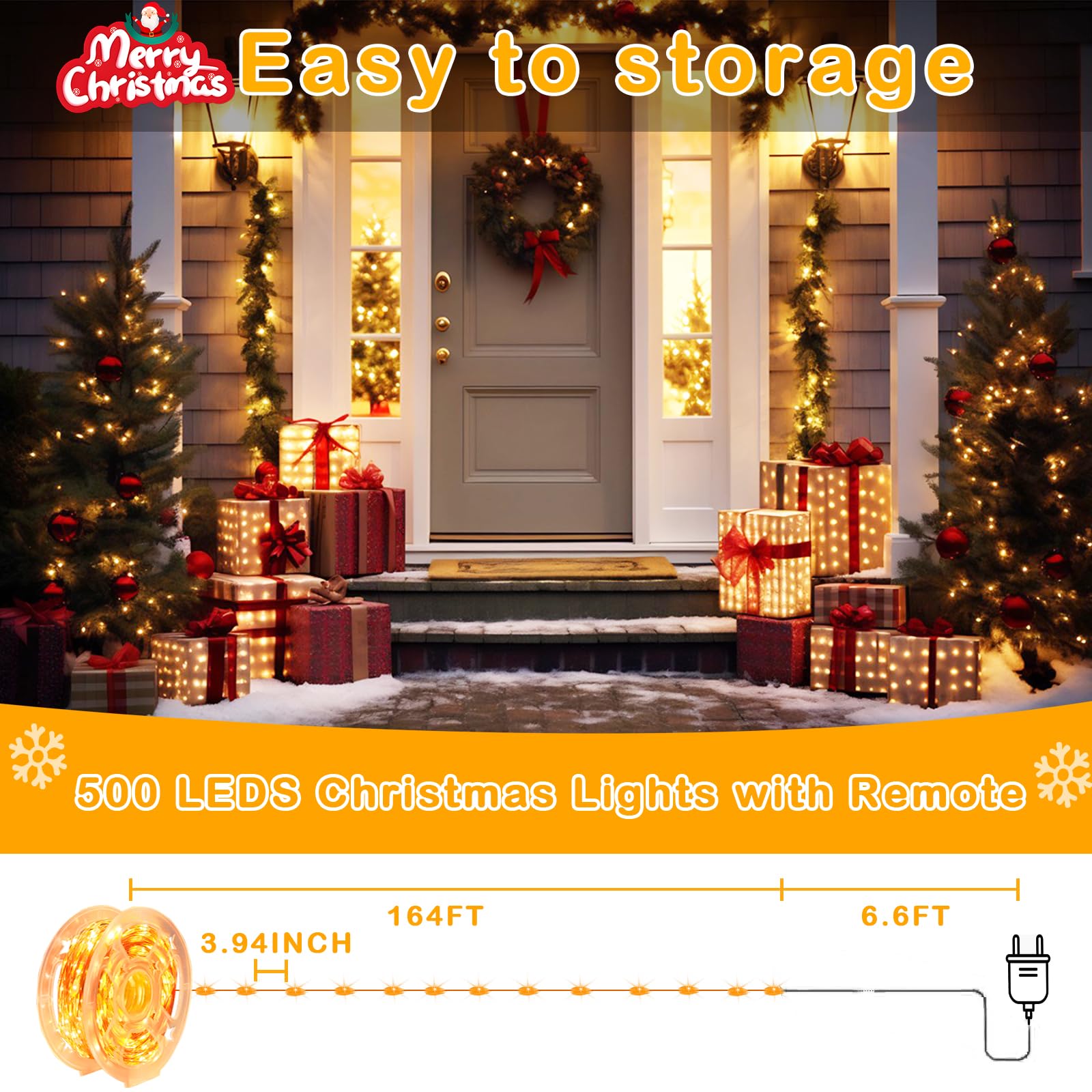 Decute 164FT 500LED Warm White Dimmable Christmas Fairy String Lights with Remote Control, Copper Wire, UL Certified