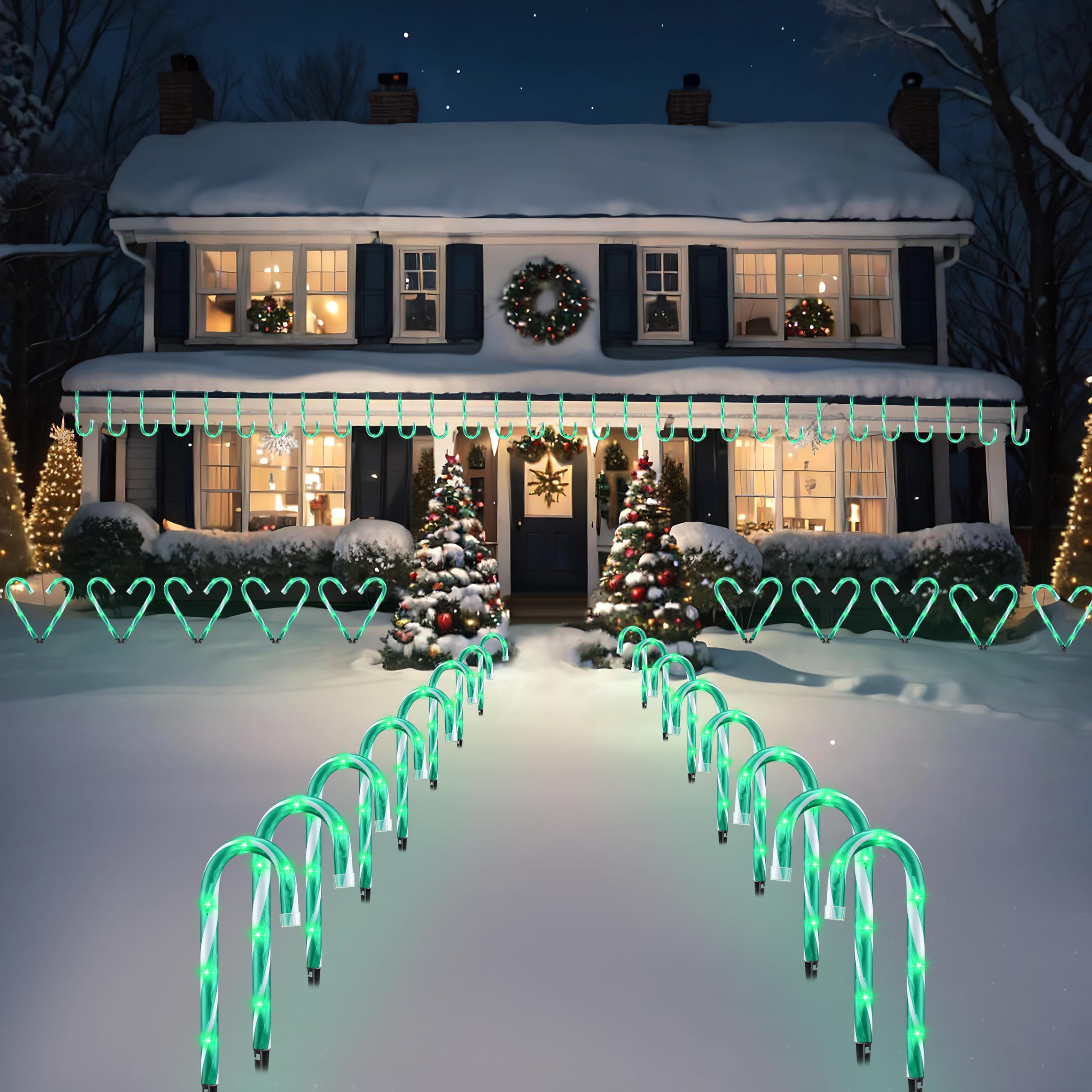 PerPaiMe Christmas Candy Cane Lights - Set of 10 Pathway Markers, 10 inch Green Plastic Yard Decorations, Model HCH-50/1FD39
