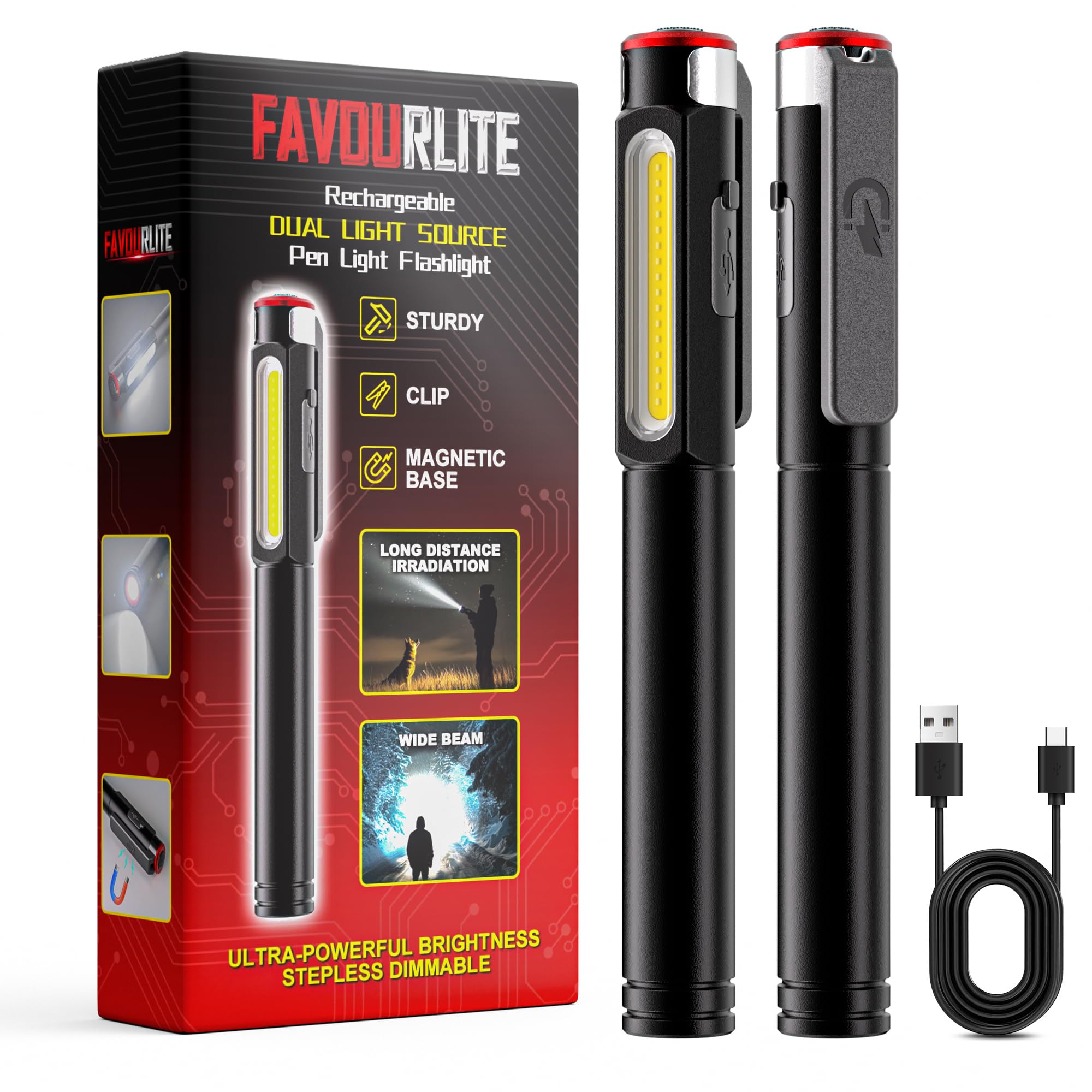 Pen Light Flashlight, 800 Lumens LED Pen Flashlights Rechargeable 6 Modes COB Magnetic Flashlight with Clip Bright Pocket Flashl