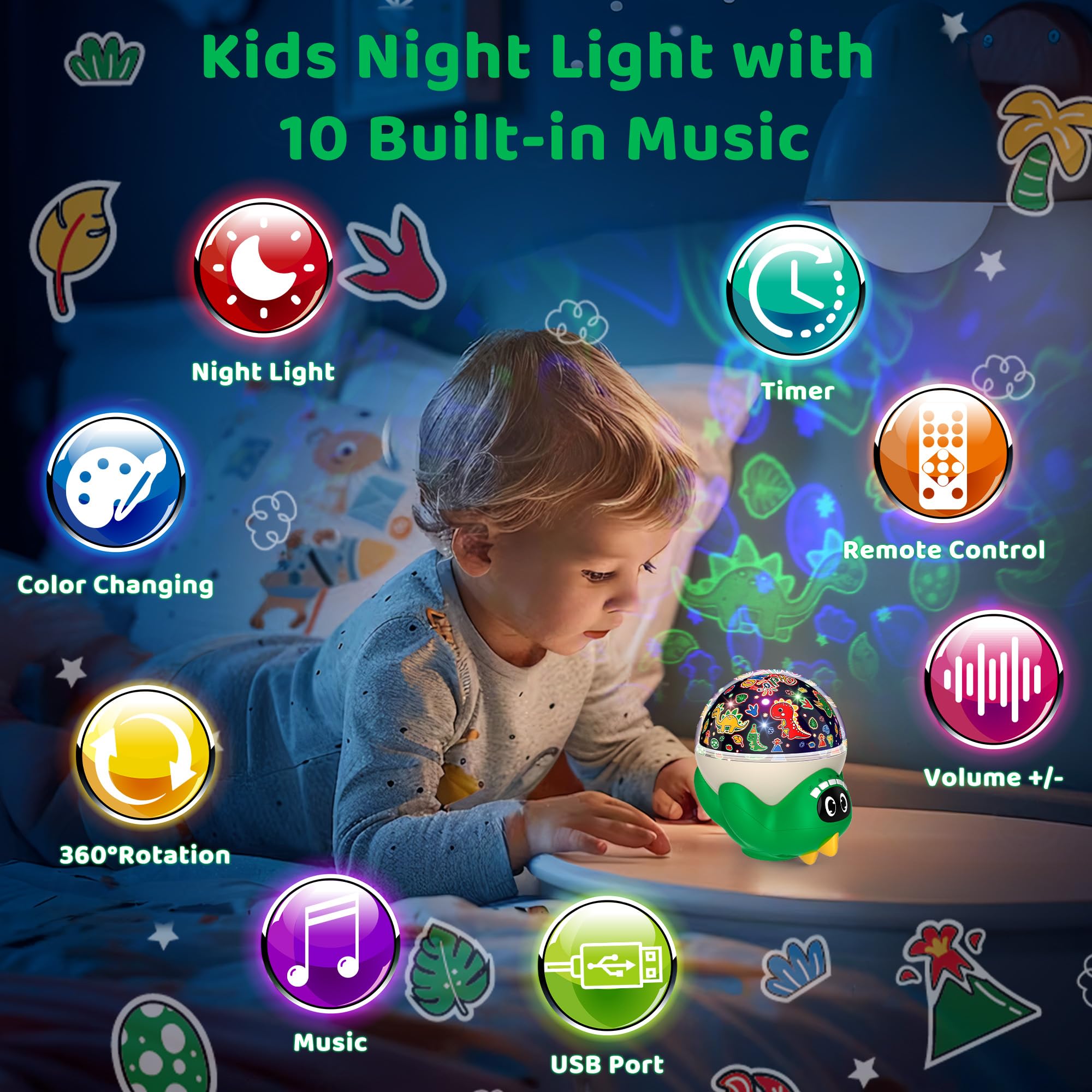 MOKOQI Dinosaur Night Light Projector for Kids, Green-Dino, Remote Control, 10 Soothing Music, Model 012-1361B