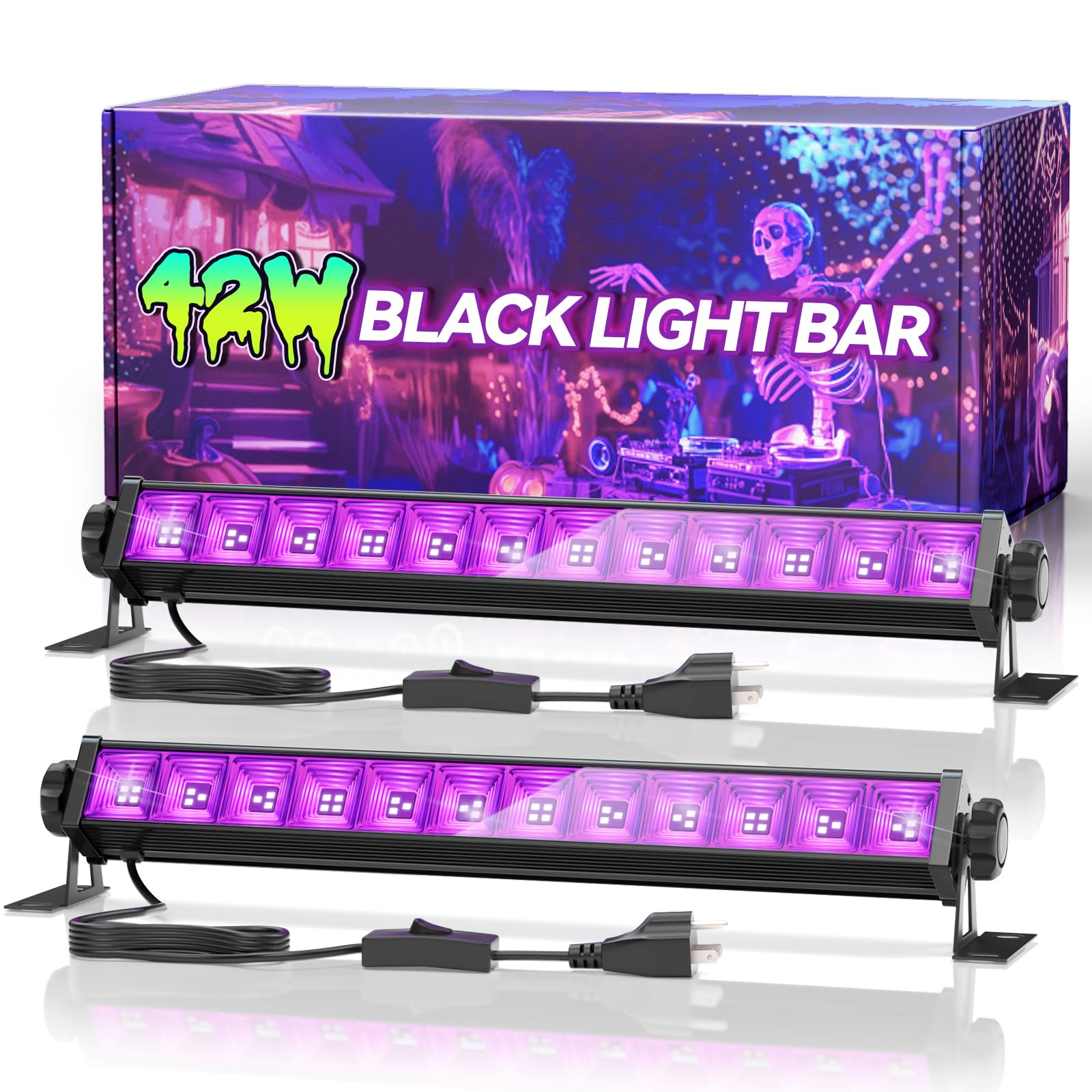 2 Pack 42W LED Black Light Bar  Blacklight with 6FT Cord+Switch+Plug  Glow in The Dark Black Lights Party Supplies for Halloween Decorations  Fluorescent Poster  Body Discomfortt  Classroom  Bedroom