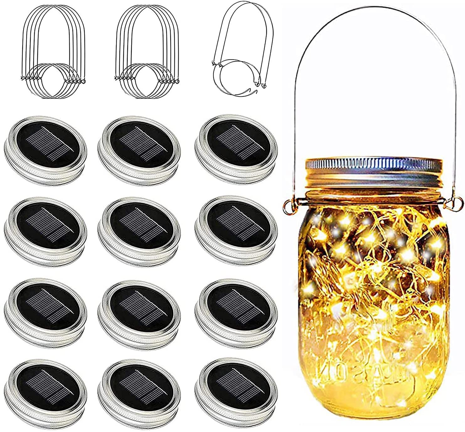 YJFWAL Mason Jar Solar Lights, 12 Pack 30 LED Warm White Fairy Lights for Garden, Patio, Party, Wedding, Christmas