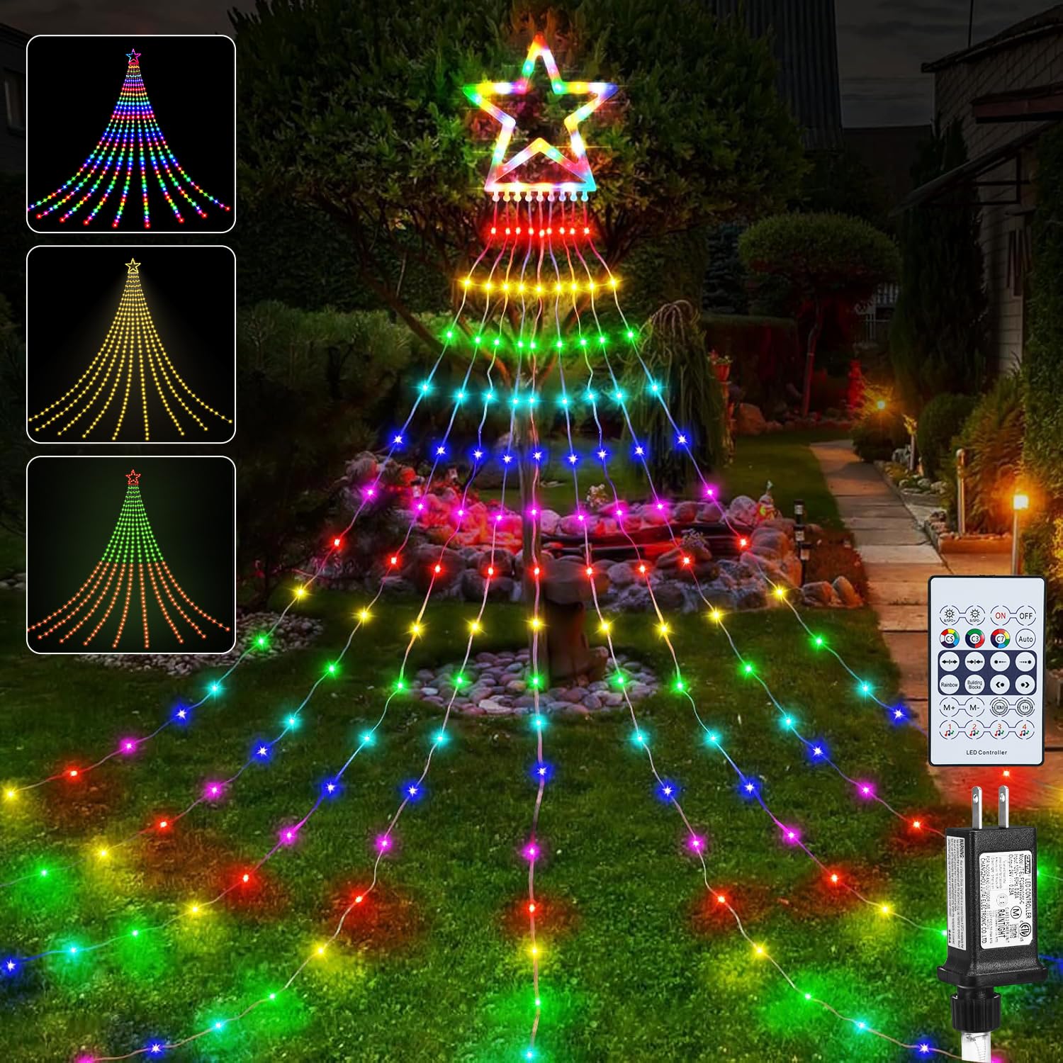 PUHONG Christmas Decoration Star Flowing Multicolor Color Changing Lights Outdoor, 320 LED 16.4Ft Star Waterfall Tree Lights wit