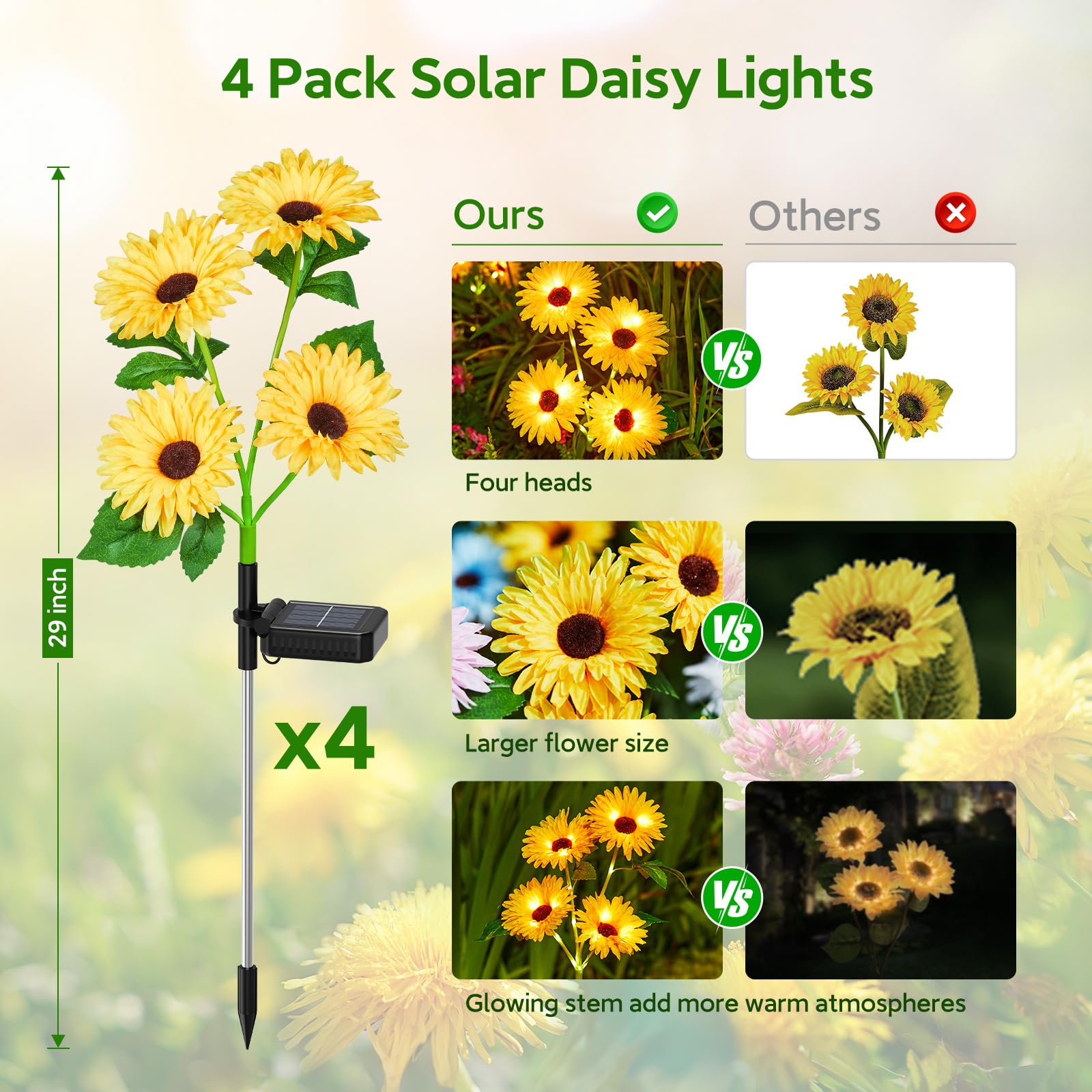 WdtPro 4 Pack Solar Garden Lights, Yellow Daisy Flowers, Waterproof, Model TFL013