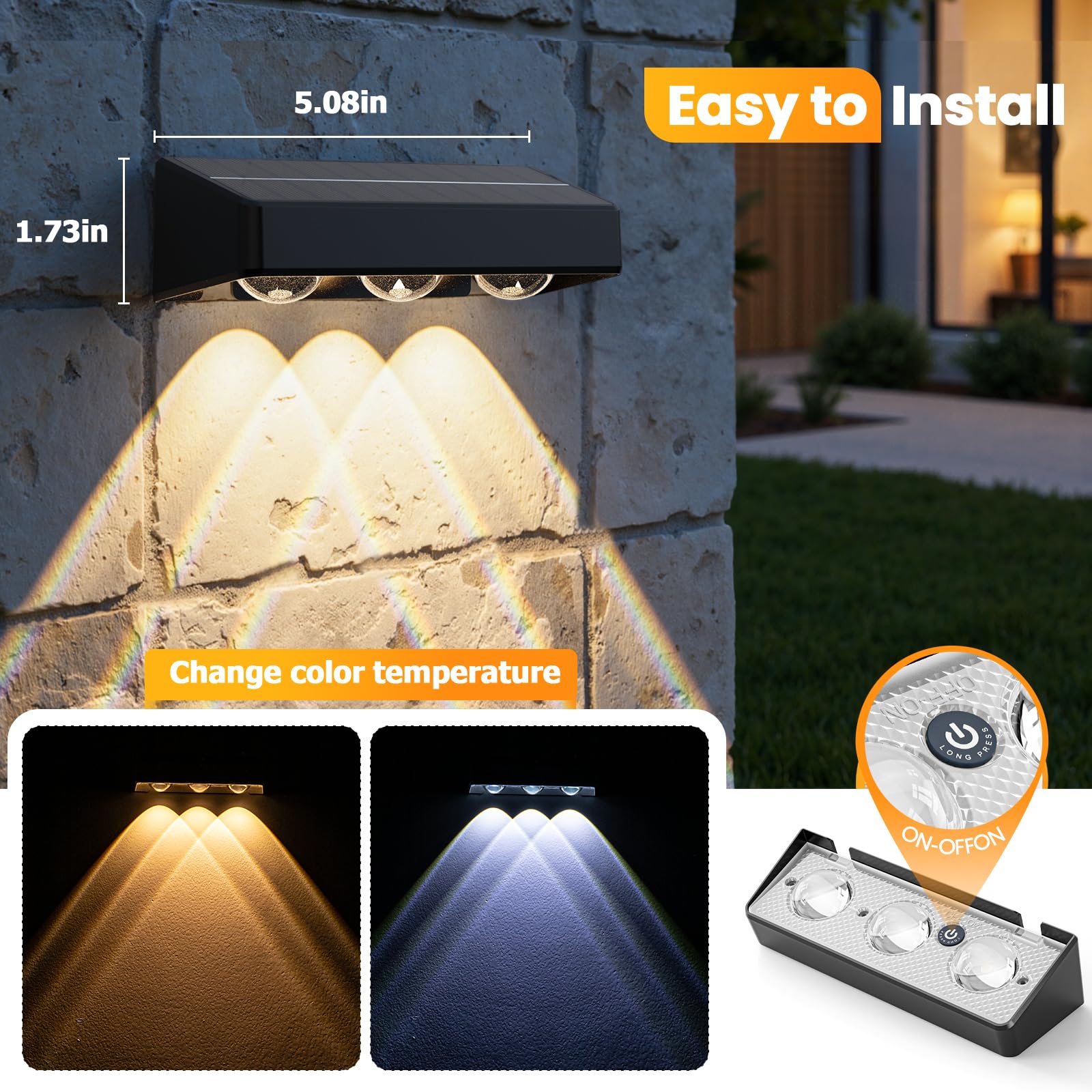 NIORSUN Solar Fence Lights, Waterproof LED Bulbs, RGB Color, 8 Pack, Black, Model 16399LGTF