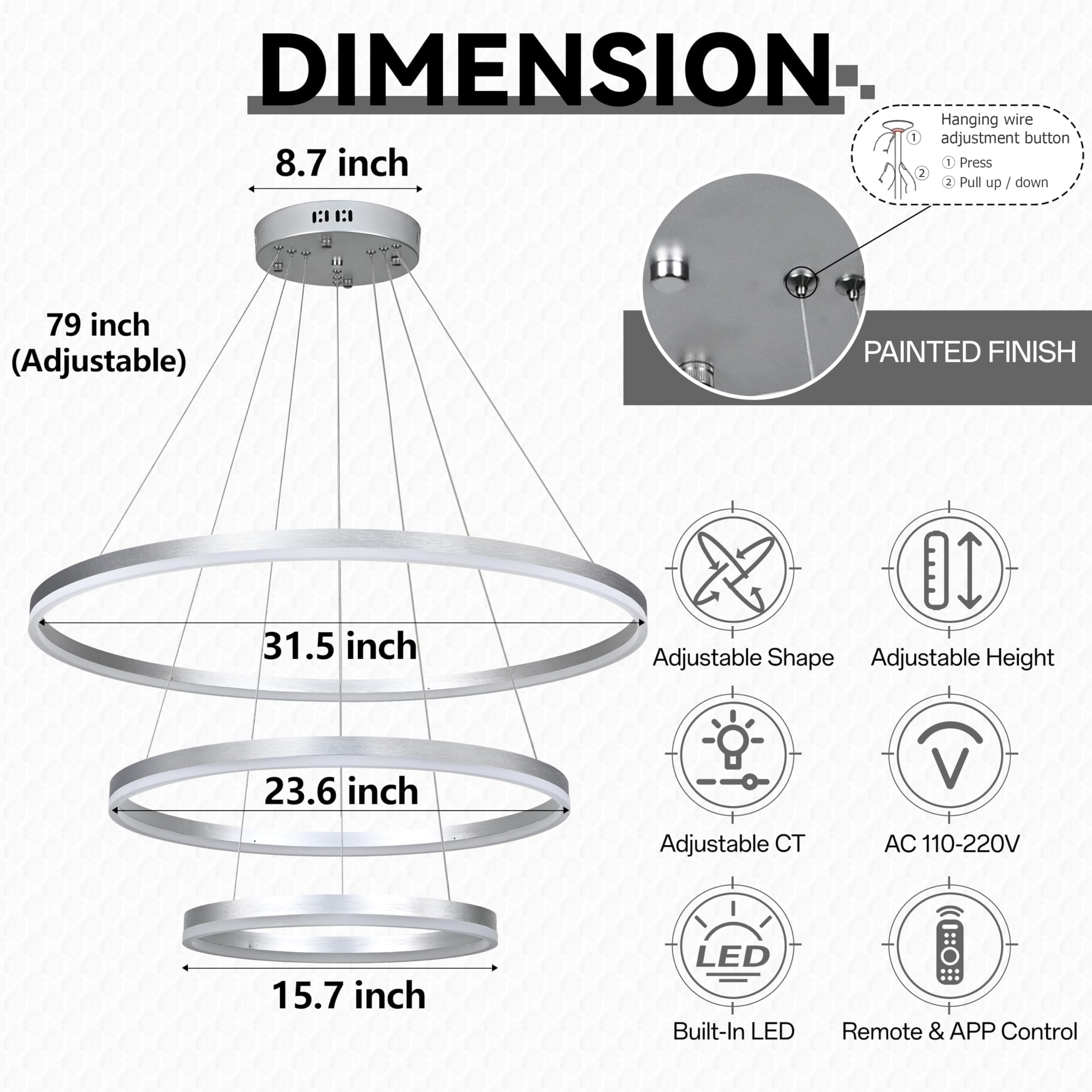 Mccokaige 31.5" Nickel Modern LED Chandelier - Dimmable, Adjustable Height, 3 Ring Design, Silver, Model YK-468-L