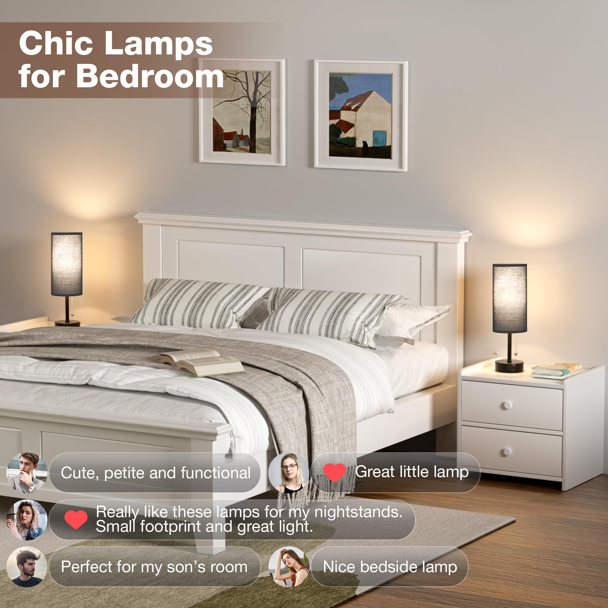 Black Bedside Lamps For Bedroom Set Of 2 - Nightstand Table Lamp With Usb Charging Port, Pull Chain Night Stand Light, Side Tabl