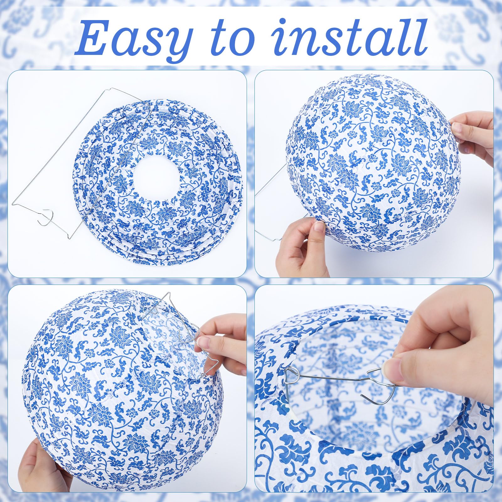 Riakrum 18 Pcs Chinoiserie Paper Lantern Set 10'' 8'' Blue And White Porcelain Print Round Lantern Chinese Japanese Hanging Pape