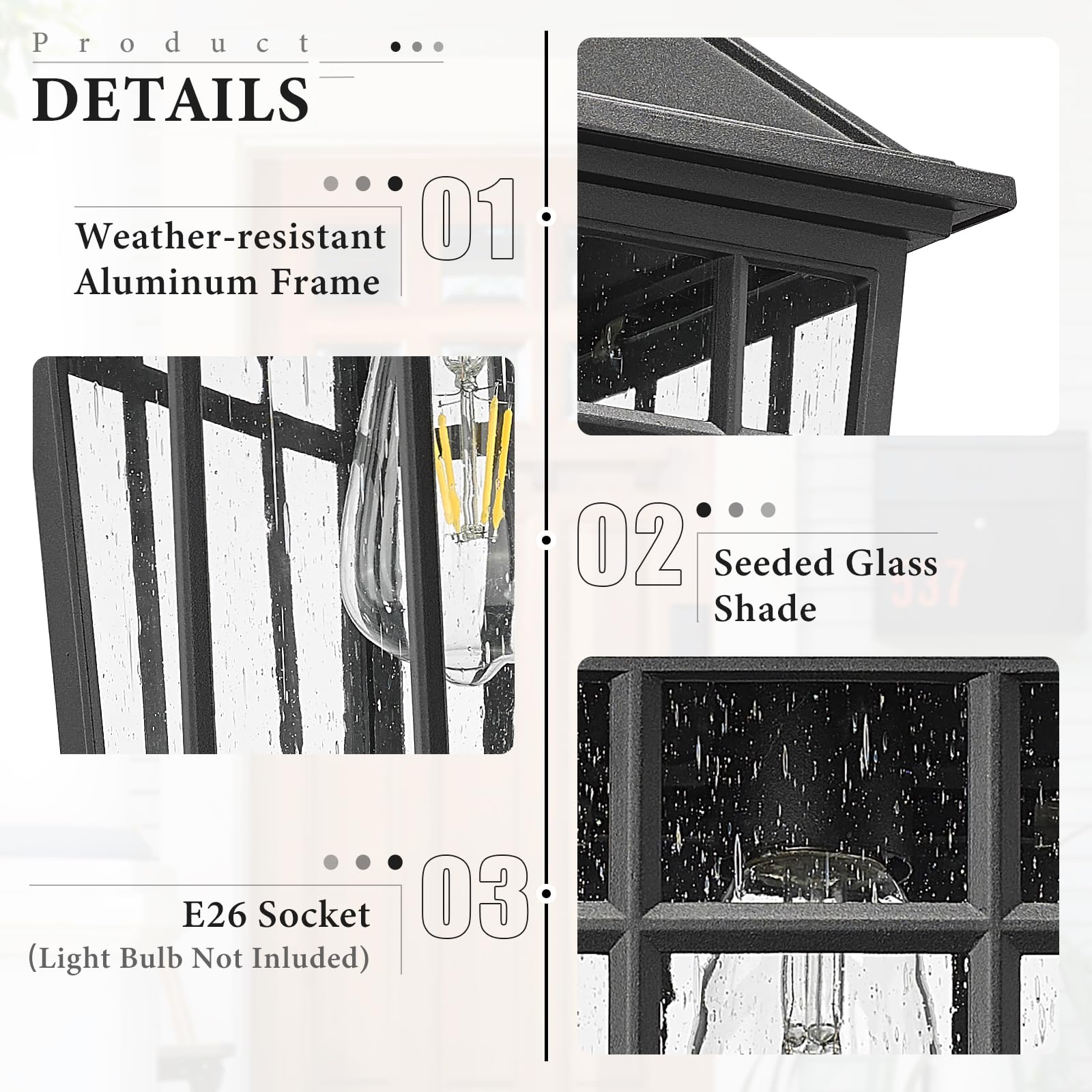 Darkaway Large Outdoor Wall Lights, Waterproof Black Aluminum Sconce with Seeded Glass, Model 6X24B-M BK, 18inch