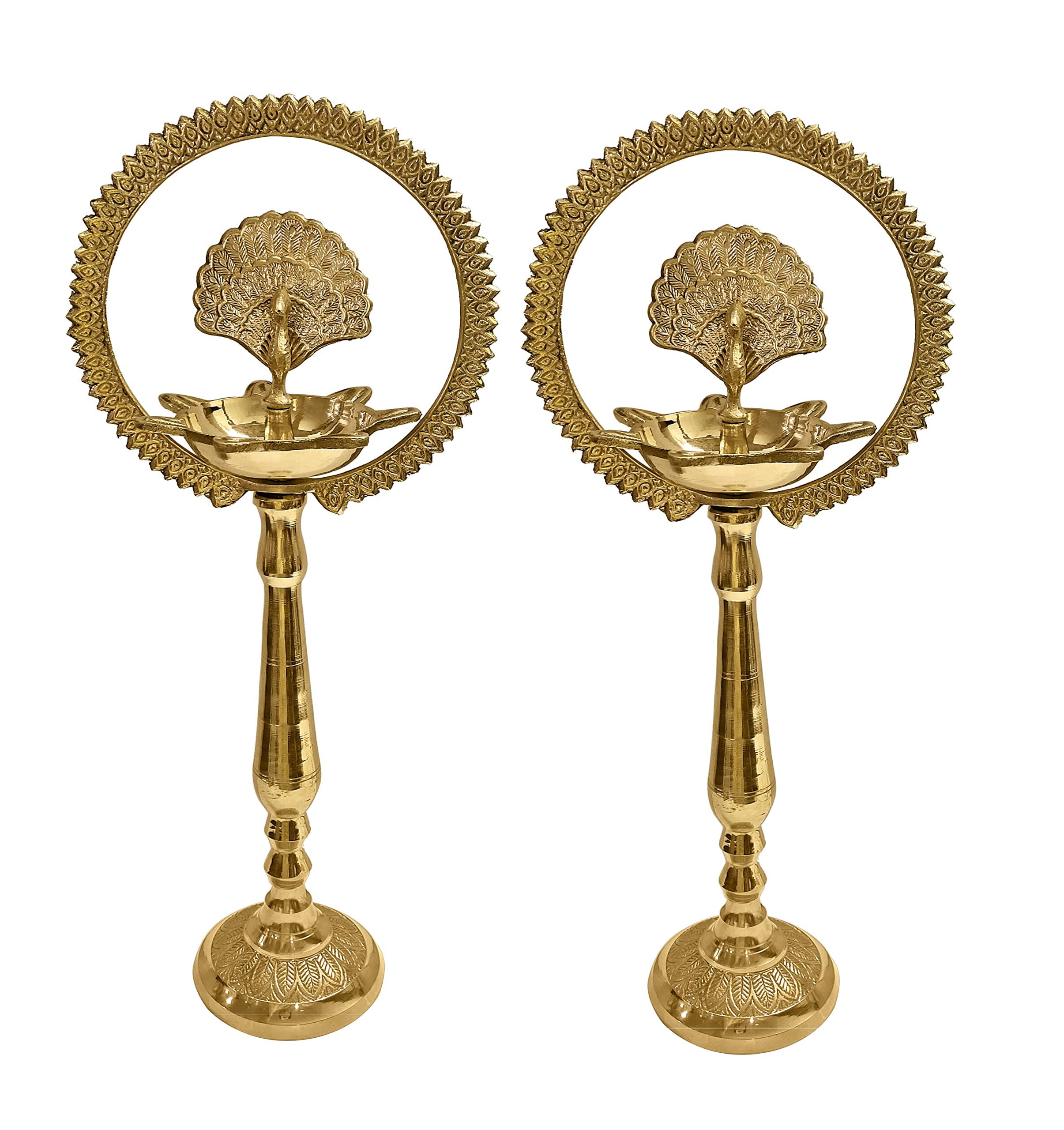 Satvik 2 Pc Set of Brass Peacock Diya with Crown 9 Inch Kerala Samai Diwali Deepak Mahabharat Dia Deepawali Deepam Engraved Inau