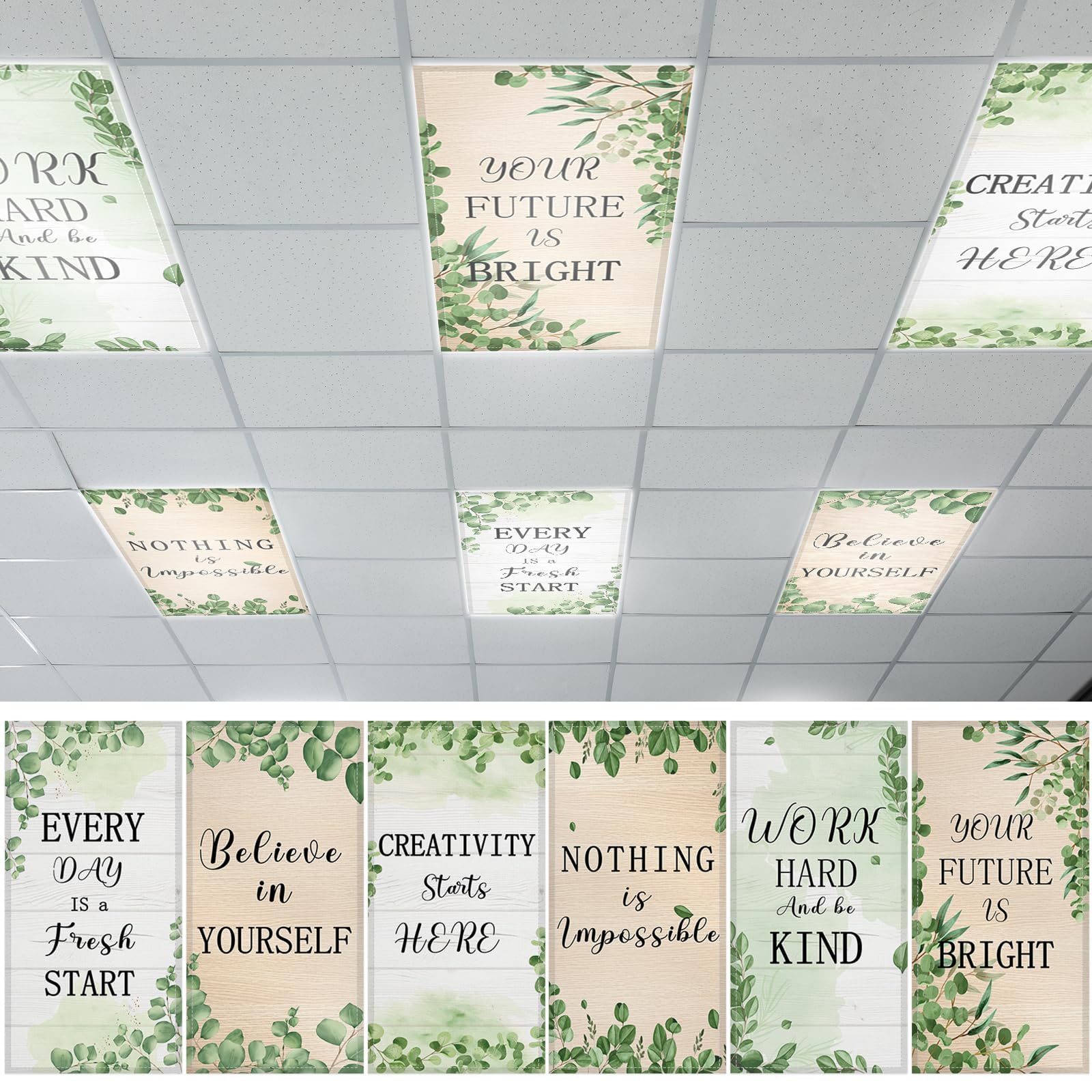 QOUBAI 6PCS Fluorescent Light Covers  4x2 Feet Magnetic Light Cover Fluorescent Lights Shade Panel Positive Inspirational Ceiling Lights Filters for Office Classroom Home Drop Ceiling Eucalyptus