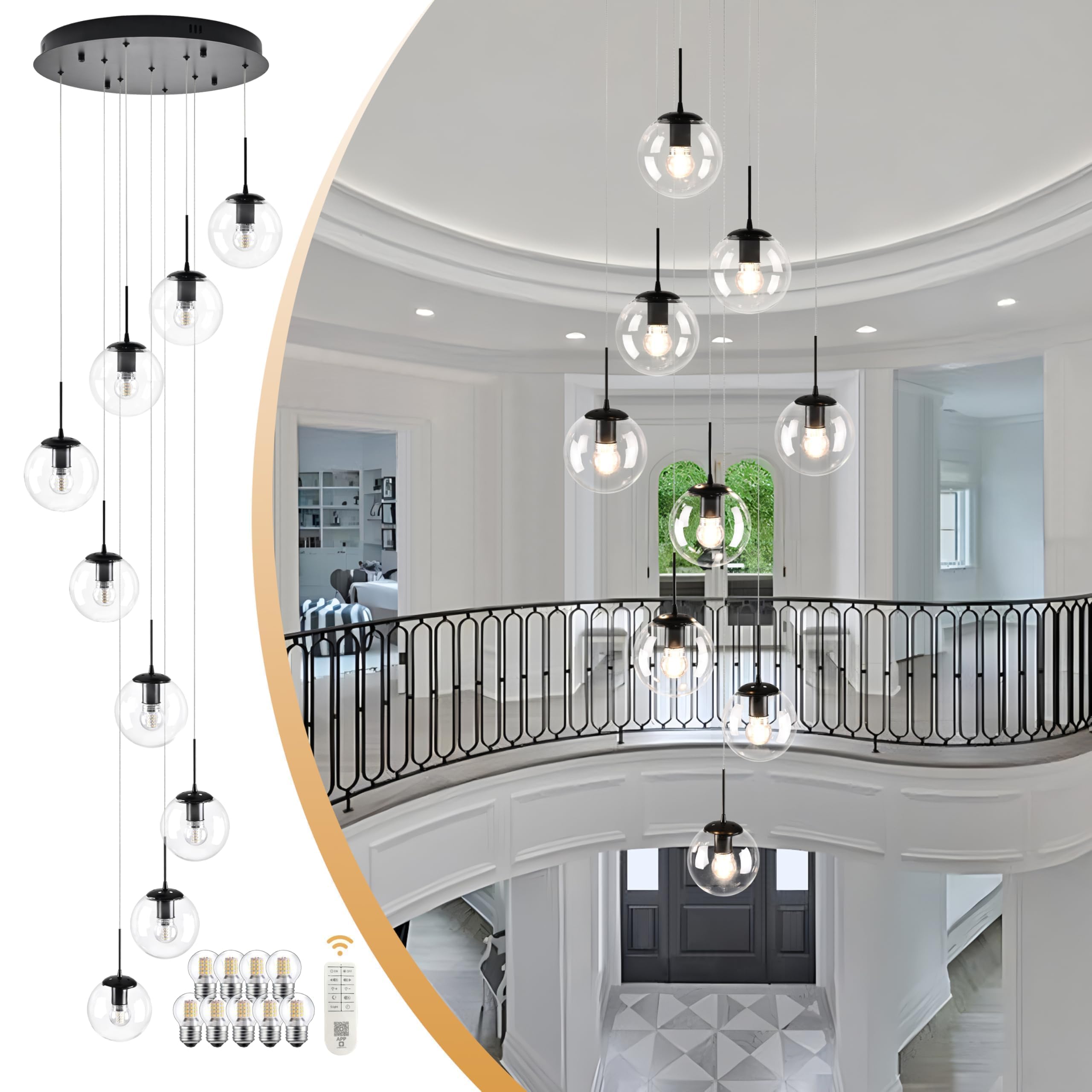 Koko&Yukina 9-Light Globe Glass Pendant Light Adjustable Length Pendant Lights Fixtures Modern Black Clear Globe Glass Chandelie