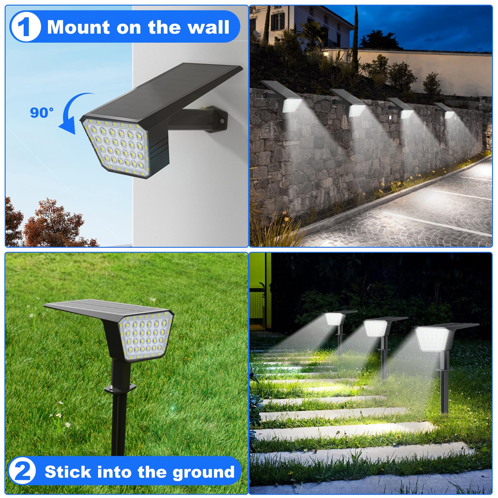 DEALGADGETS Solar Spot Lights, IP65 Waterproof, 44 LED, 4 Pack, Cool White, Model JGD003-V0, Auto On/Off, 3 Lighting Modes