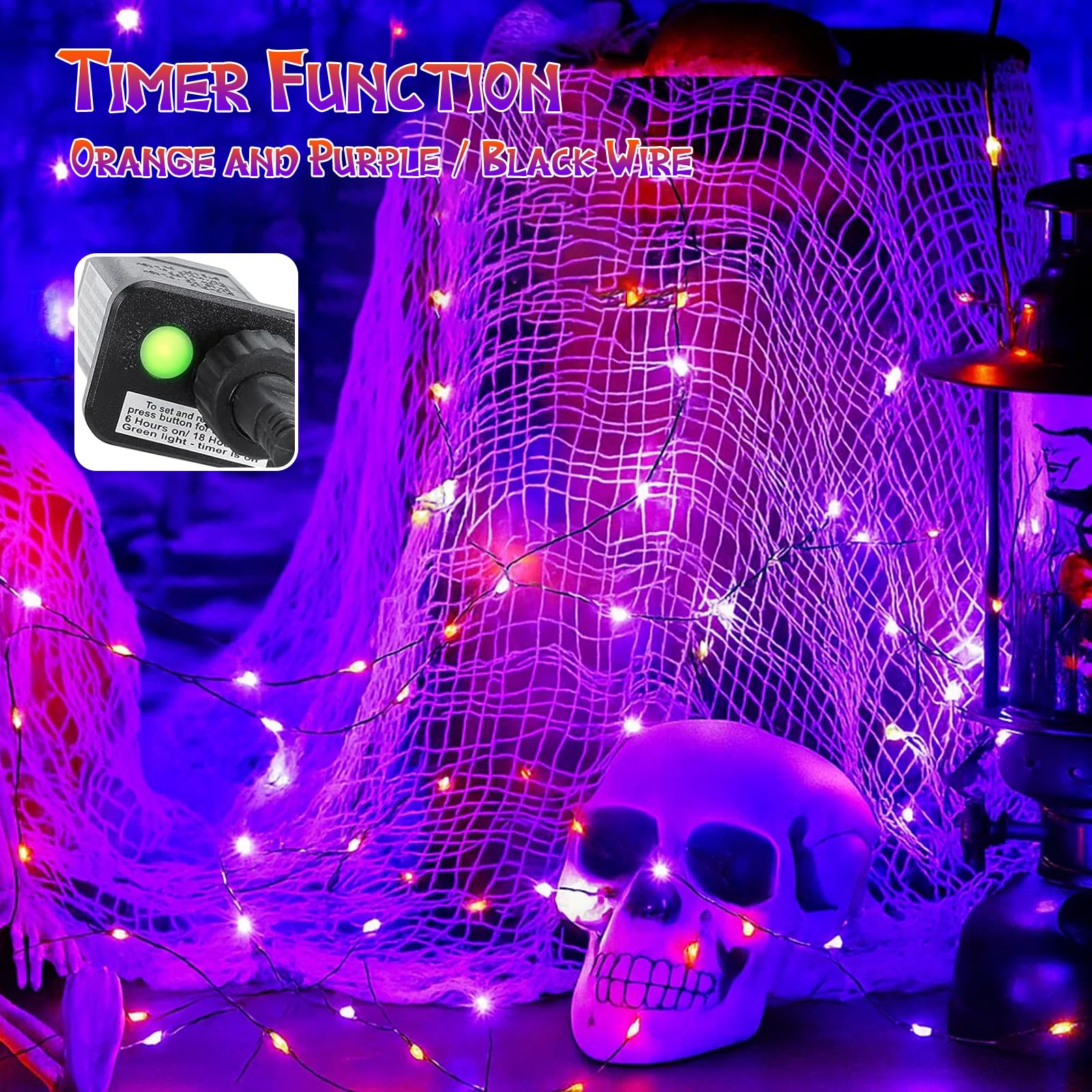 BHCLIGHT 66Ft LED Halloween Fairy Lights, 200 Lights, 8 Modes, Waterproof, Purple&Orange, Black Wire, Model MLS-D4.5V1.35WUC-O