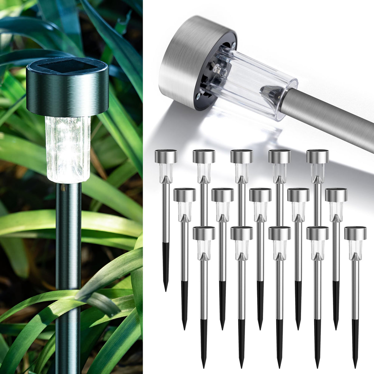 Gigalumi Solar Lights Outdoor Waterproof,16 Pack Stainless Steel Led Solar Garden Lights For Patio, Lawn, Yard And Landscape(Col