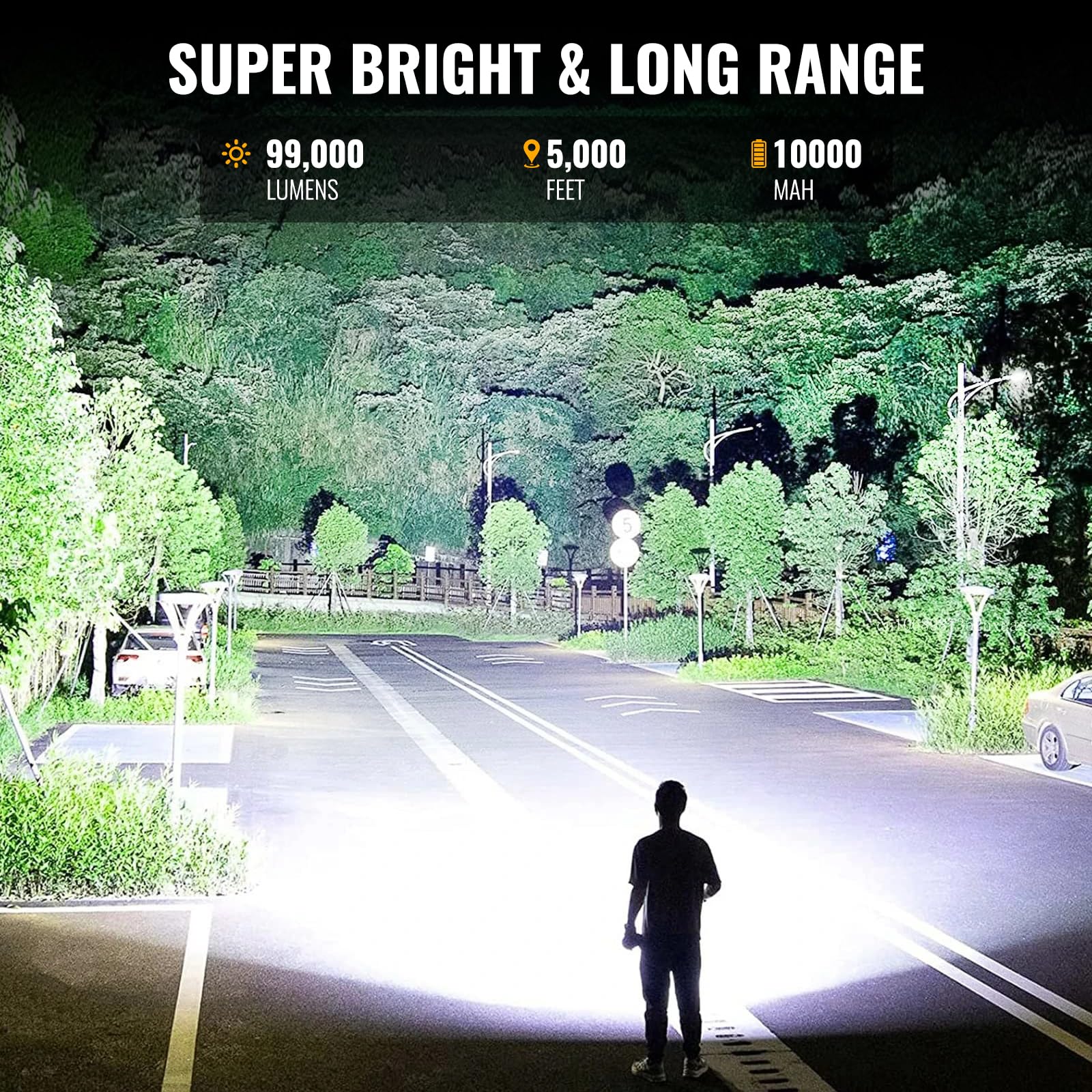 BEFAMALI Rechargeable Spotlight 99000 Lumens LED Flashlight with COB Light & Tripod, 10000mAh, Black, Model W5225