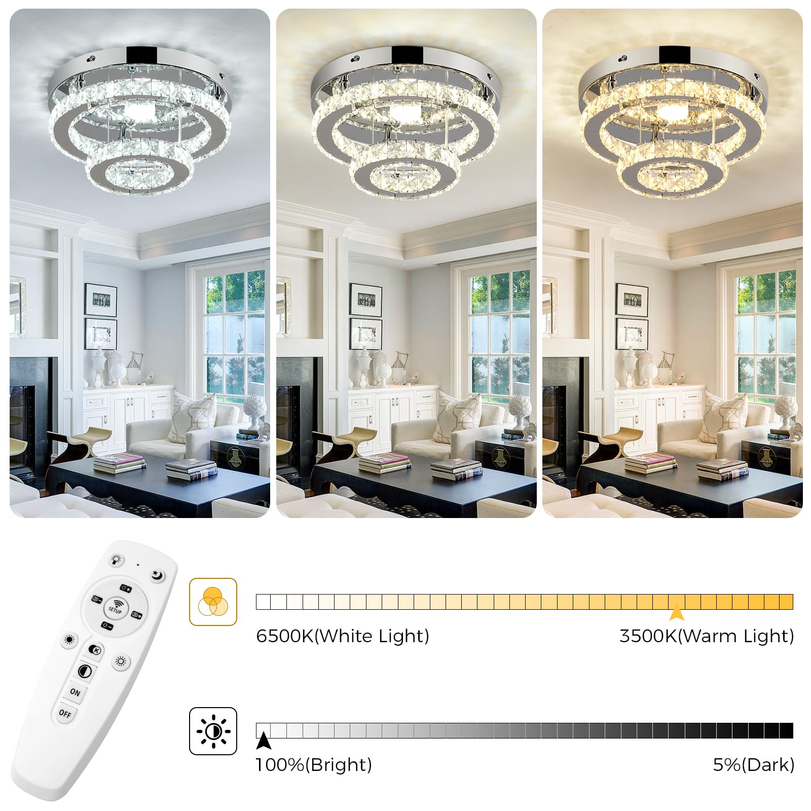 Rheafon Crystal Ceiling Light Modern Round Crystal Chandeliers With Remote Control 2 Layers Flush Mount Led Ceiling Light Fixtur