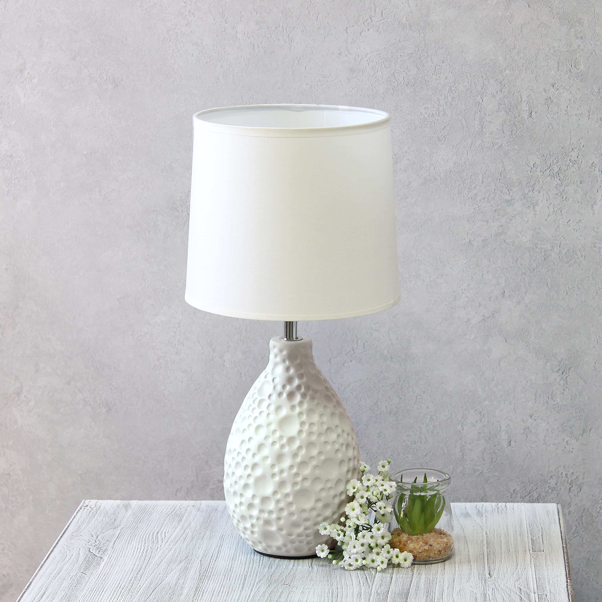 Simple Designs Lt2003-Wht Textured Stucco Ceramic Oval Table Lamp With White Fabric Shade, White