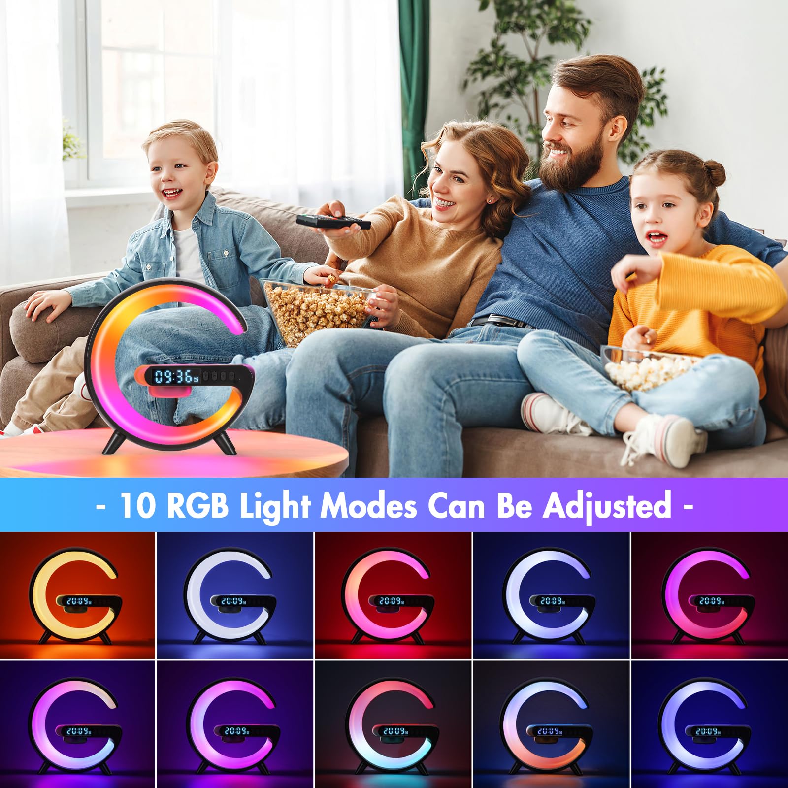 Wireless Charger Atmosphere Lamp, 2025 New Mini Led Table Lamp, Bluetooth Speaker, Dimmable Night Light Bedside Lamp Alarm Clock