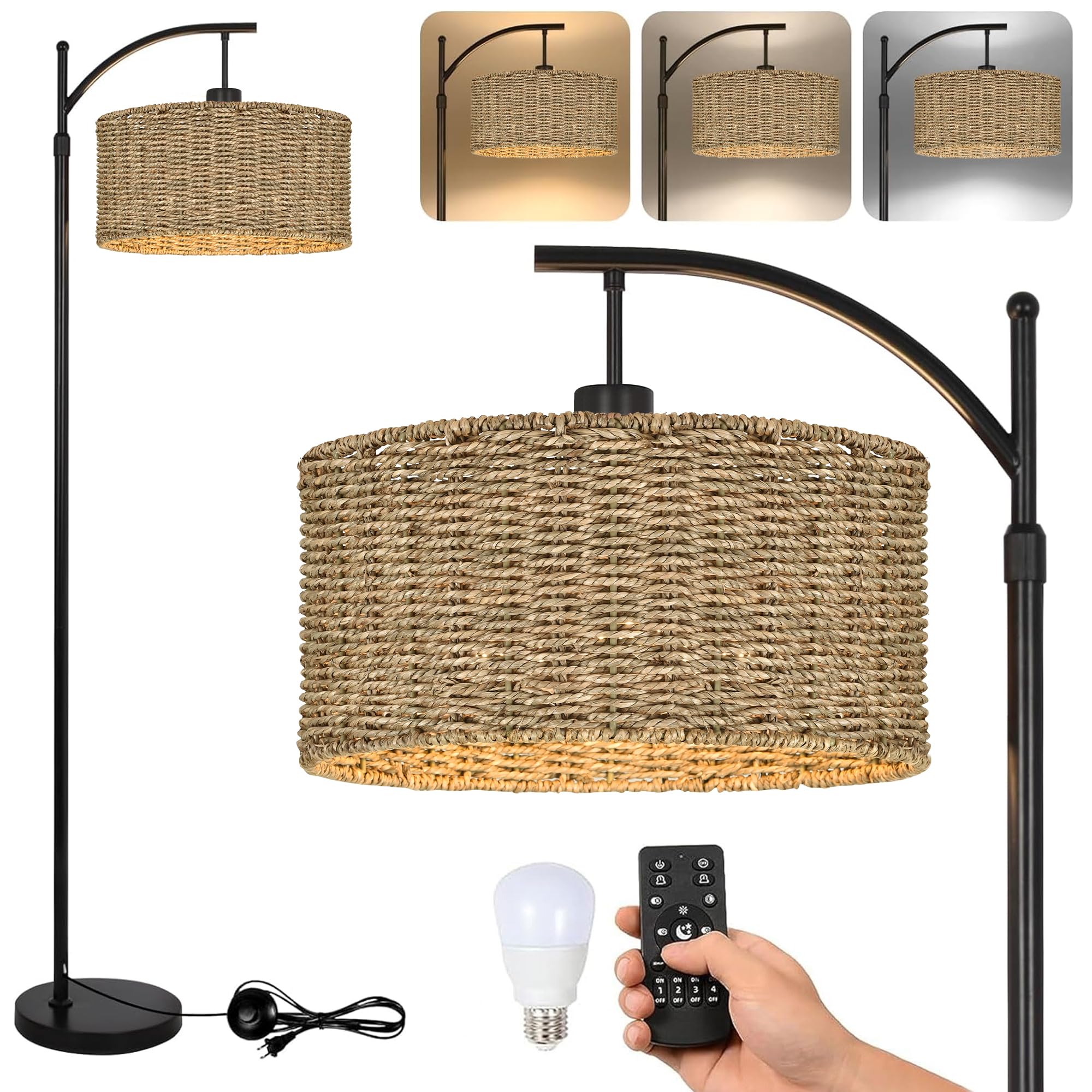 Arc Rattan Floor Lamp for Living Room with Remote,Black Floor Lamps with 3 Color Temperature Dimmable Bulb,Farmhouse Boho Standi