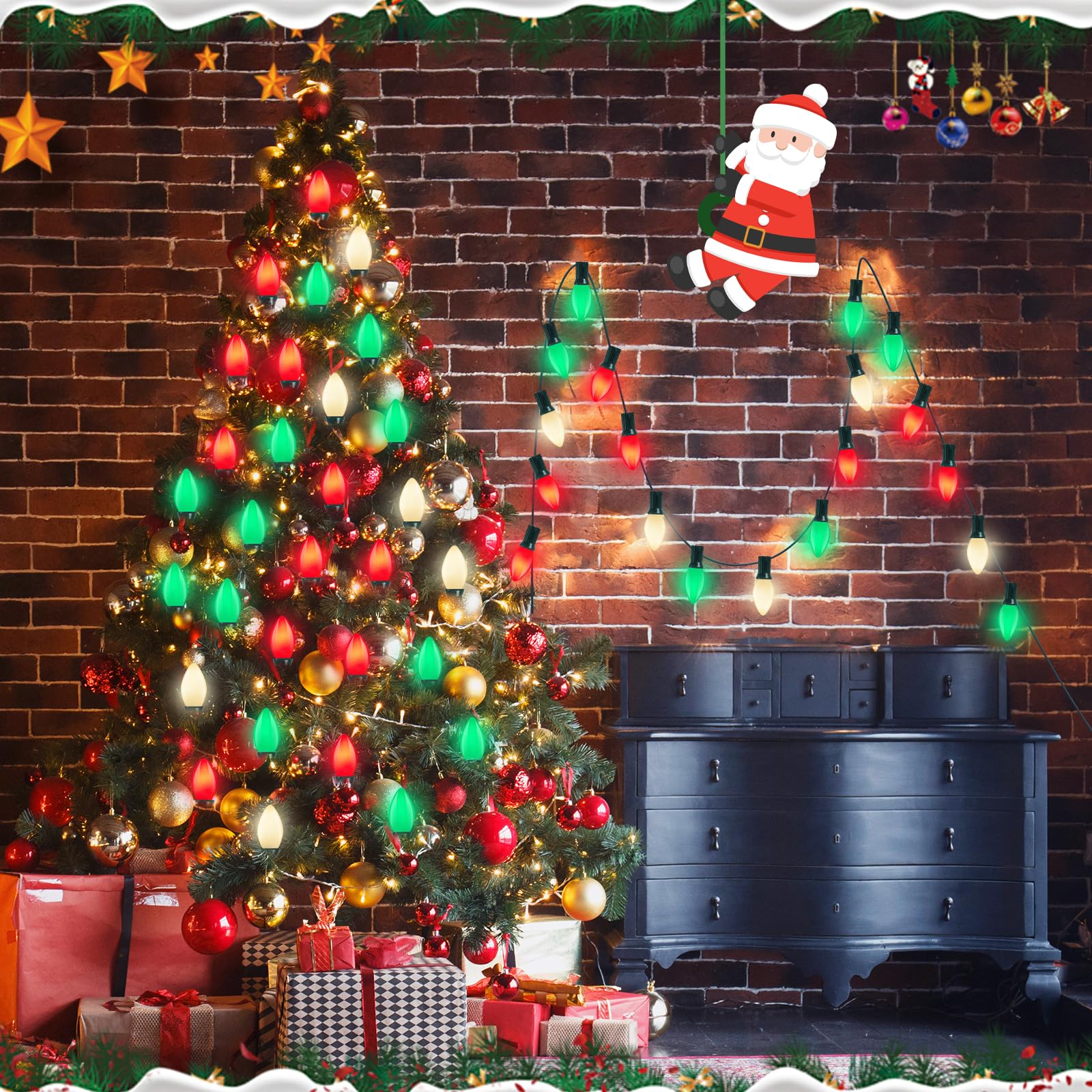 C7 Red White And Green Christmas Lights, 25Ft Vintage Christmas Lights With 27 Ceramic Bulbs, Connectable Xmas Tree Lights Water