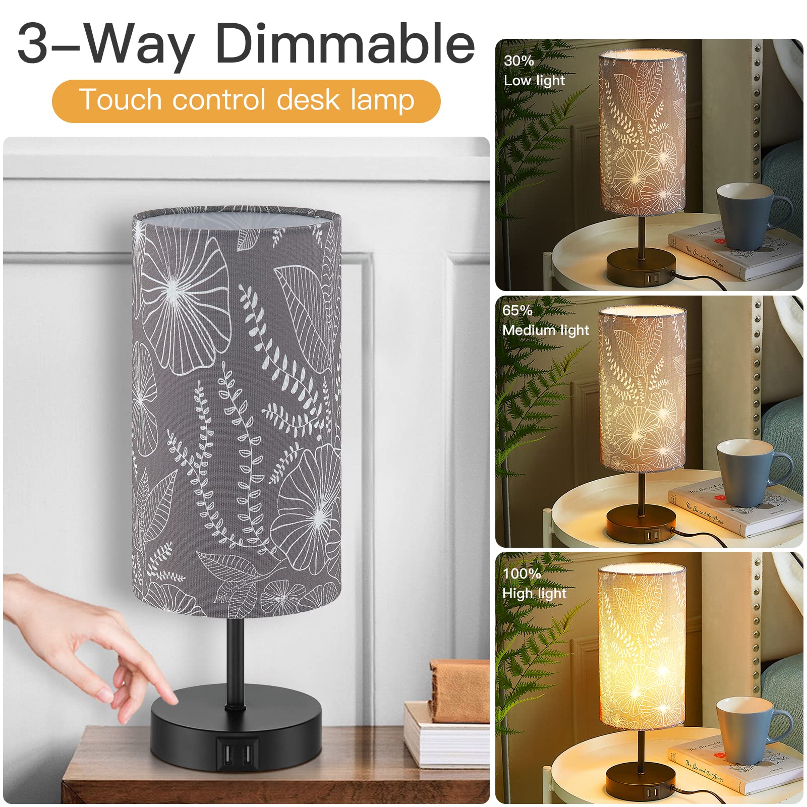 Bedside Table Lamp With 2 Usb Ports, Modern Touch Control Desk Lamp With Round Flower Flaxen Fabric Shade, 3 Way Dimmable Small