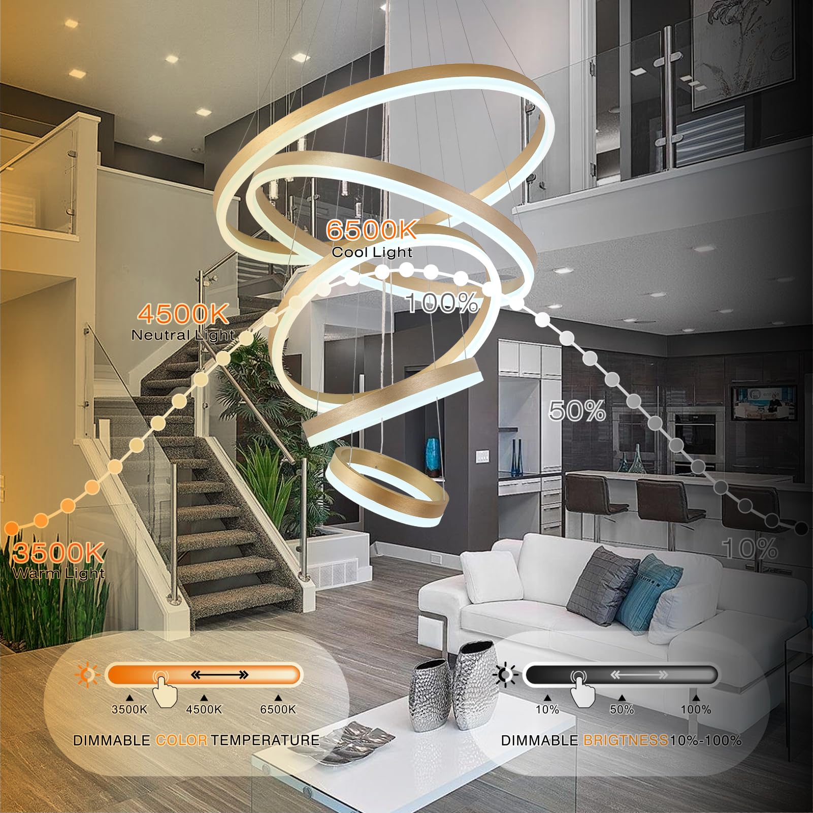 Modern Gold Chandelier,Gold Modern Led Pendant Light 5 Ring Dimmable Led Chandelier For Dining Room Light Fixture For Kitchen Island Lighting Over Table, Height Adjustable Dining Room Chandelier