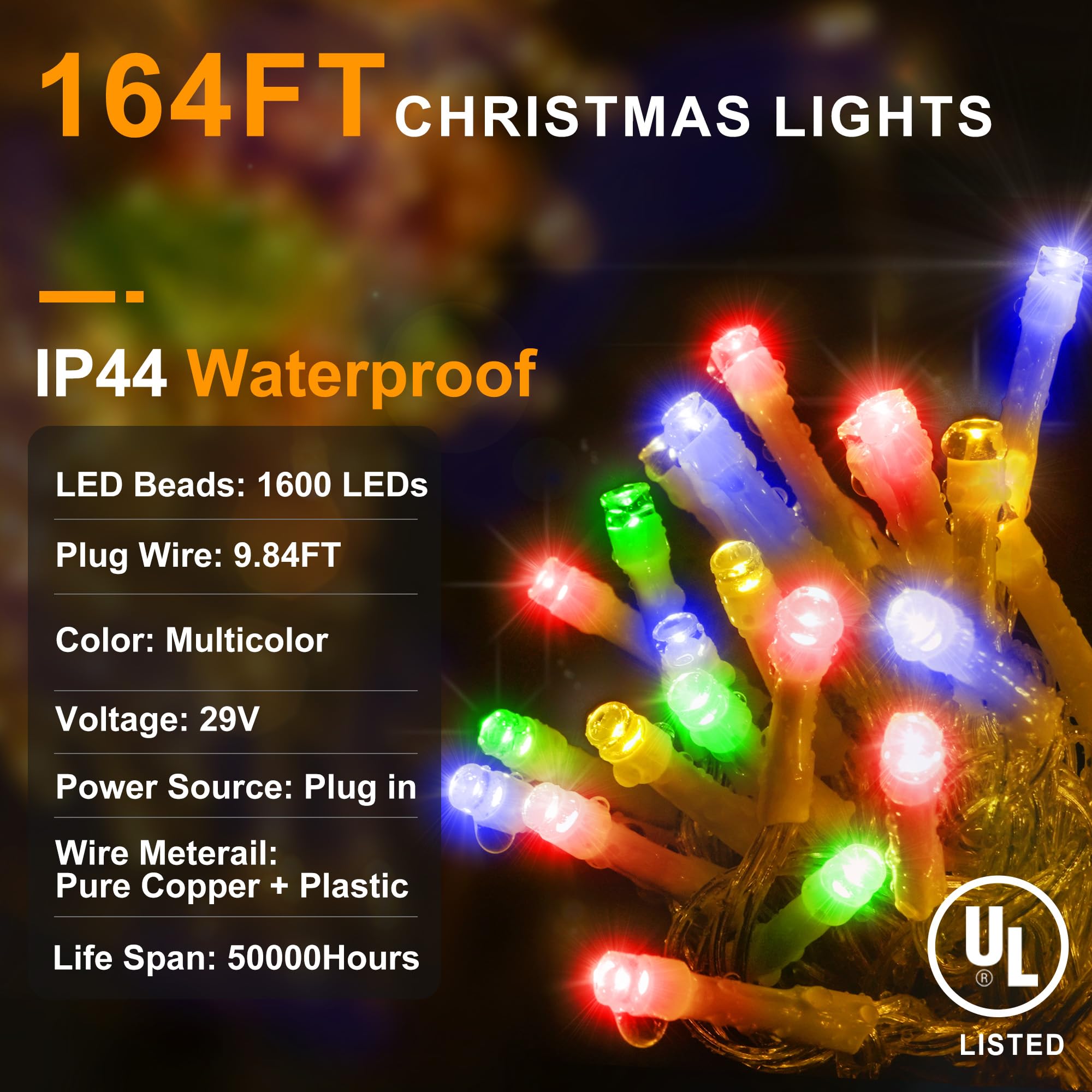 KNONEW LED Christmas Lights Multicolor 164FT 1600LED Waterproof 8 Modes Fairy String Lights Model KN-1000-LIG168-01